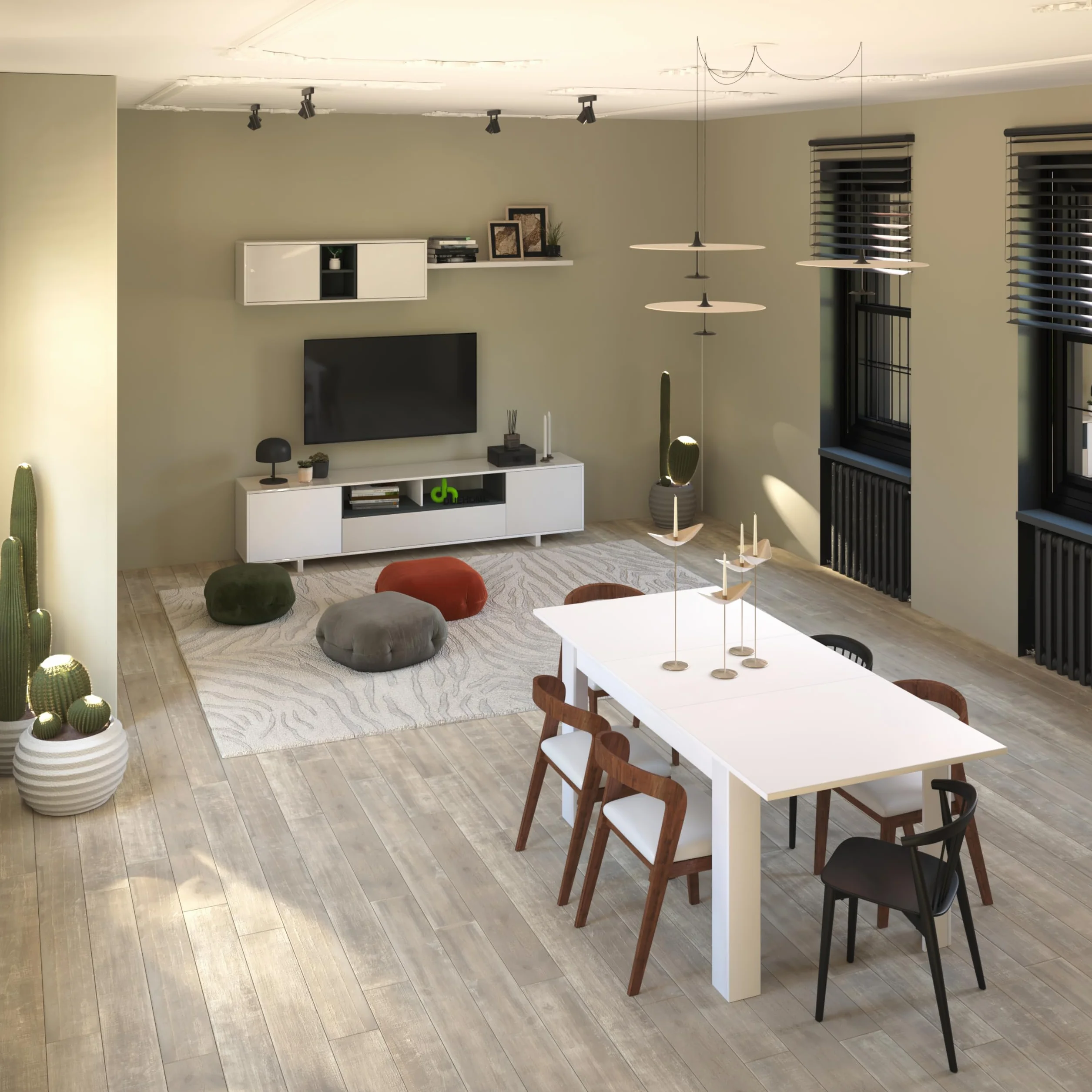 duehome | Mueble de Salon Moderno, Modulos Comedor, Modelo Kenzo, Acabado en Blanco Brillo y Gris Antracita, Medidas: 200 cm (Ancho) x 41 cm (Fondo) x 46 cm (Alto)