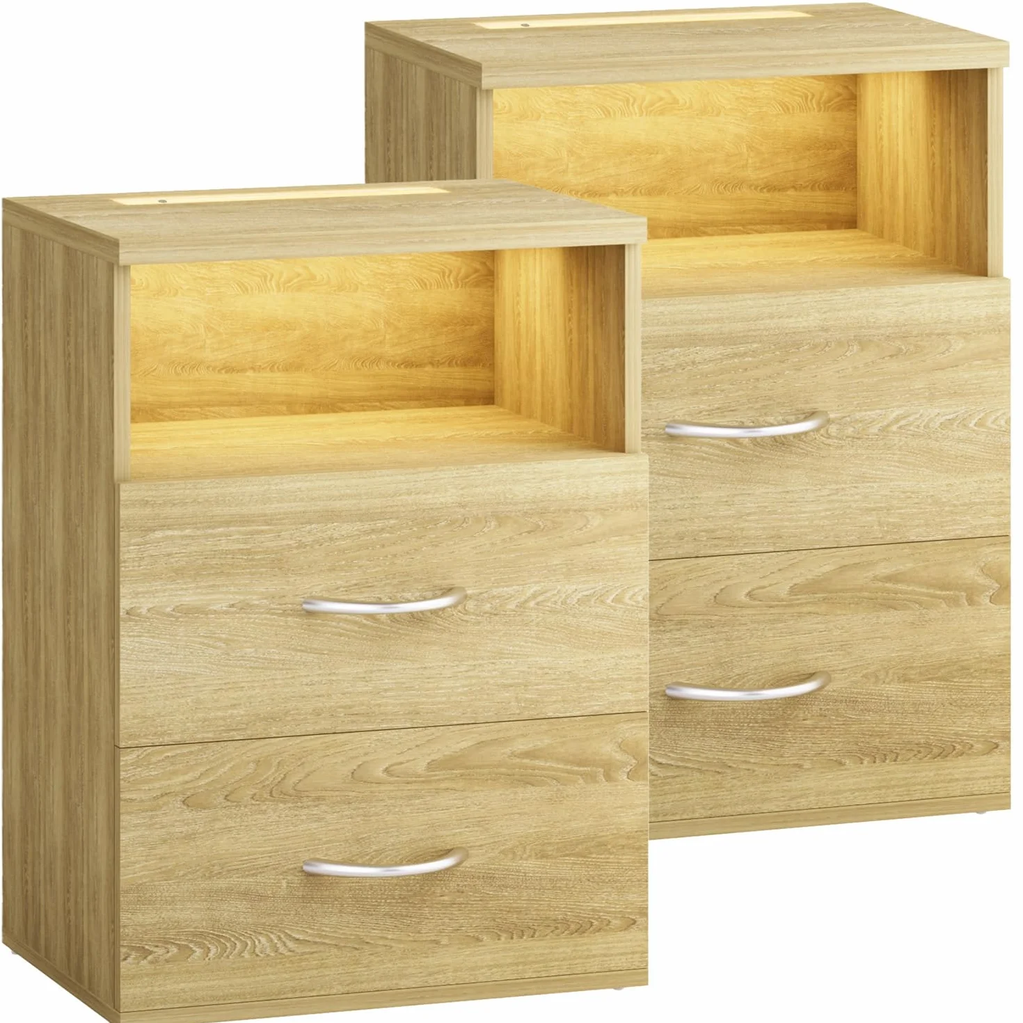 CASARIA® 2X Mesitas de Noche Luz LED Táctil Regulable 2 Cajones 40x28x55cm Mesa Auxiliar Dormitorio Salón Roble