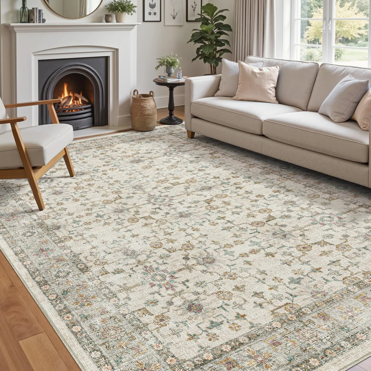 DEXI Alfombra Salon 152 x 244 cm, Alfombras Dormitorio Pelo Corto Lavable, Suave y Cómoda, Diseño Floral Tapetes Decorativas para Sala de Estar, Habitación, Comedor, Beige