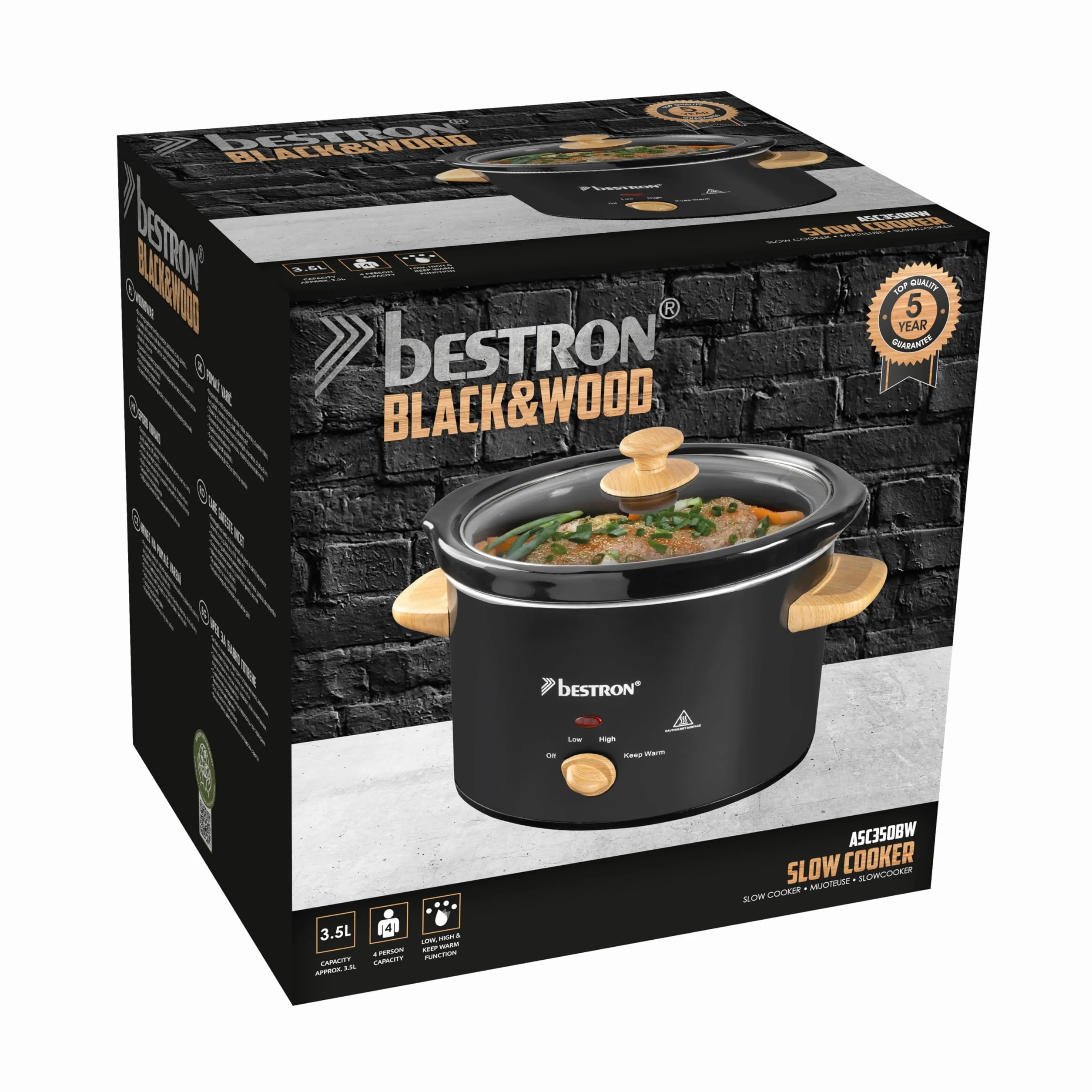 Bestron Olla de Cocción Lenta 3.5L cacerola cerámica tapa vidrio termostato 3 niveles Negro