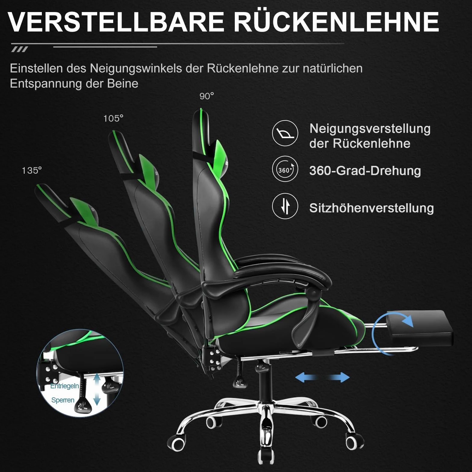 GTPLAYER Silla de oficina para gaming, masaje, sillón, silla ergonómica para gamer, con reposapiés, reposacabezas, cojín lumbar de masaje, acolchado, silla giratoria, verde
