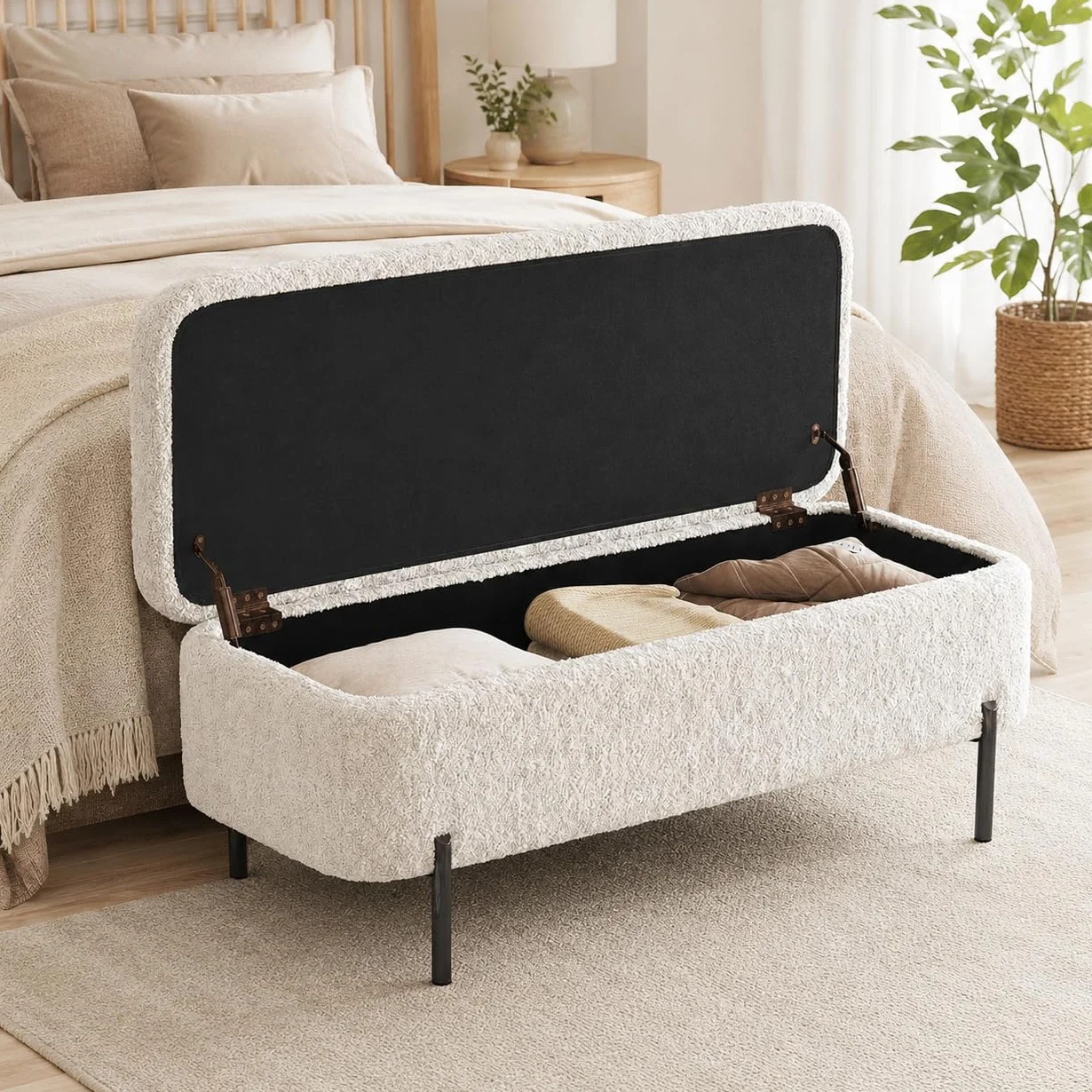 Guyii Banco de cama con espacio de almacenamiento, banco tapizado para dormitorio, banco de almacenamiento elegante para cama, banco de almacenamiento con cojines, cofre moderno para salón y pasillo