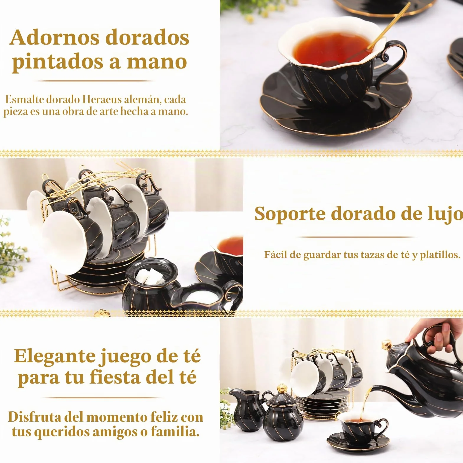 DUJUST Juego de té de porcelana de 22 piezas para 6, juego de tazas de té y café de estilo británico de lujo con borde dorado, hermoso juego de té para mujeres, juego de fiesta de té, paquete de