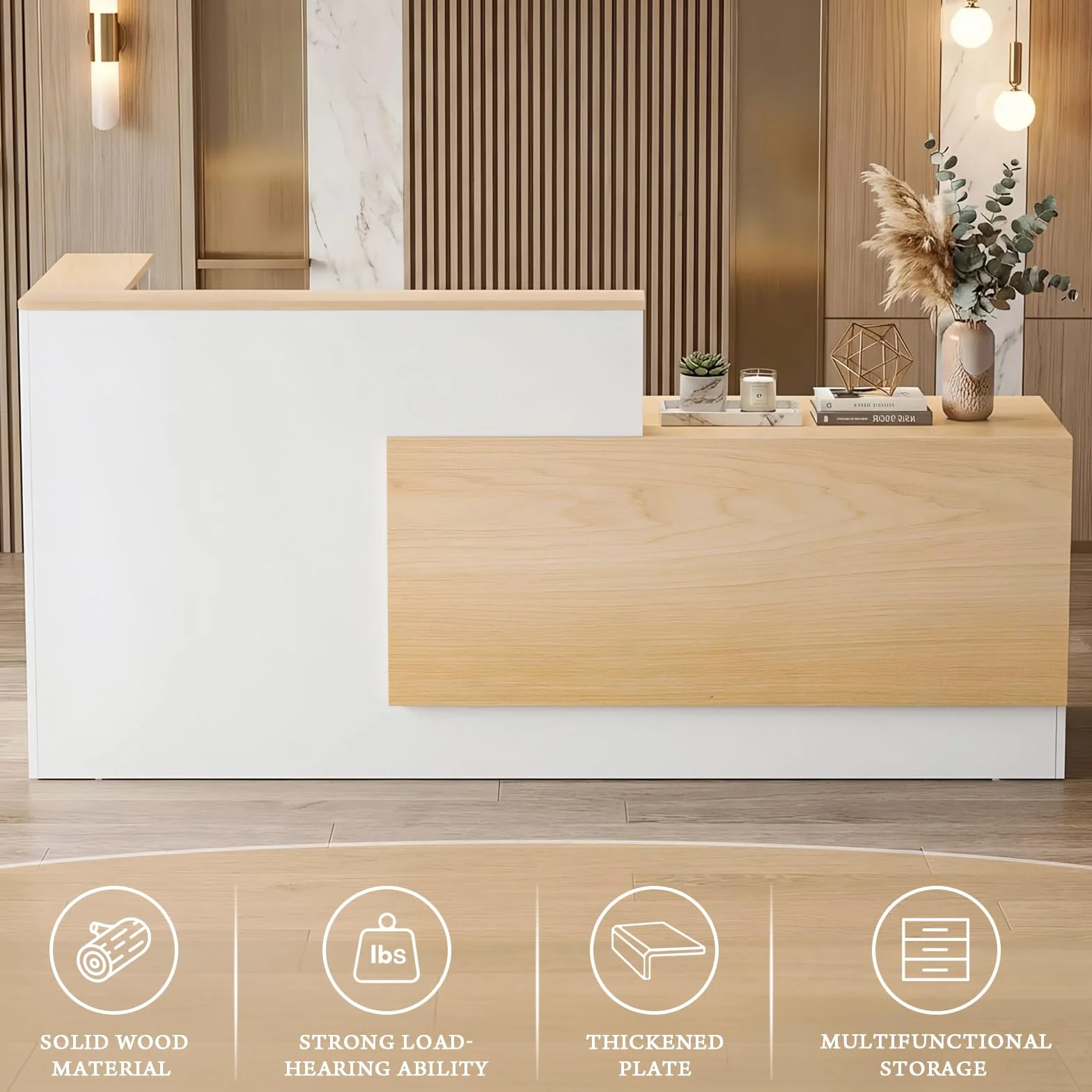 Escritorio de recepción grande de madera en forma de L, moderno mostrador de recepción con cajones con cerradura y bandeja de almacenamiento y teclado, para pagar, vestíbulo (madera natural izquierda
