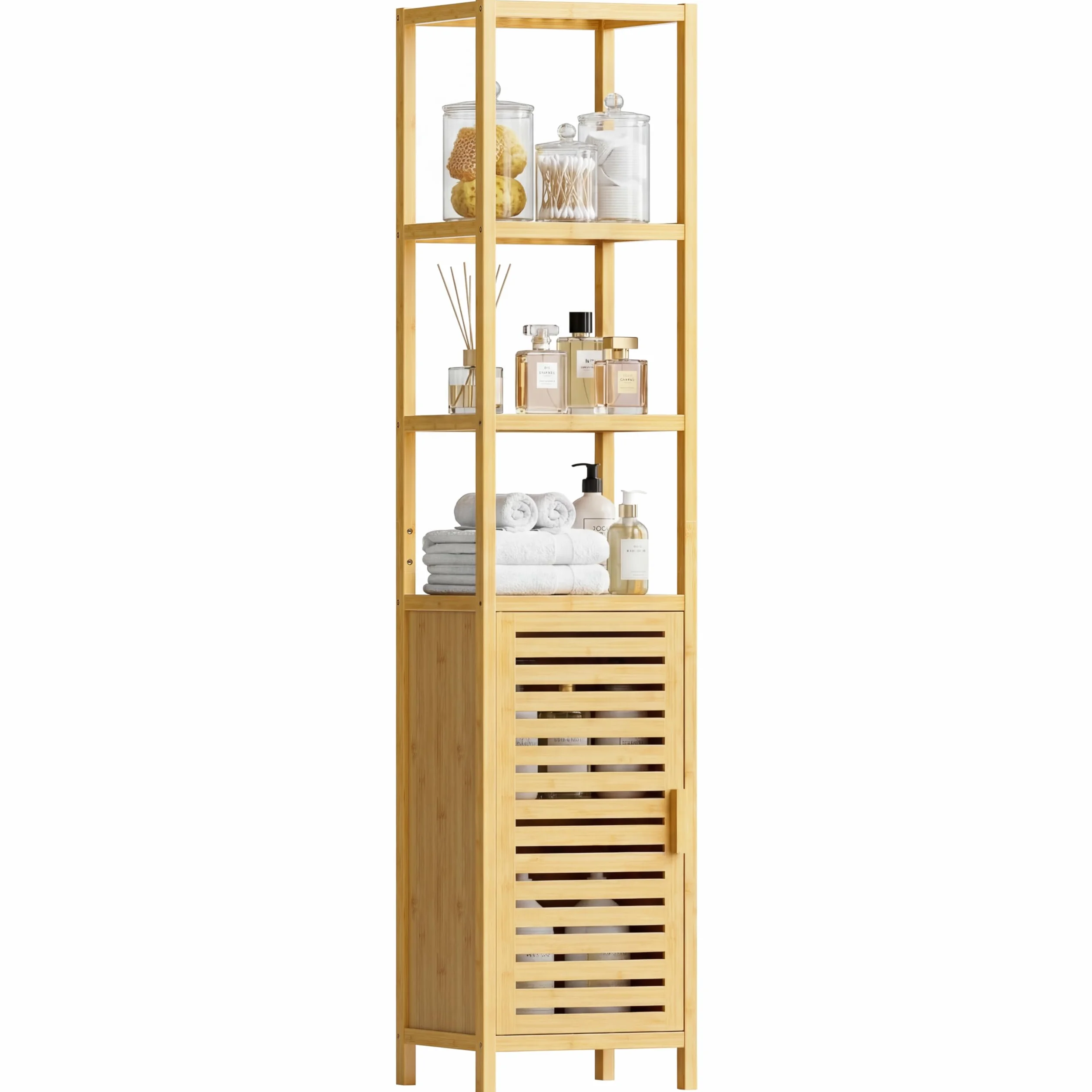 HITNET Mueble Columna Baño Estrecho, Armario Alto Baño Bambu, Gabinete de Almacenamiento con Estantes Ajustables y Compartimentos Abiertos, para Espacios Pequeños, Natural
