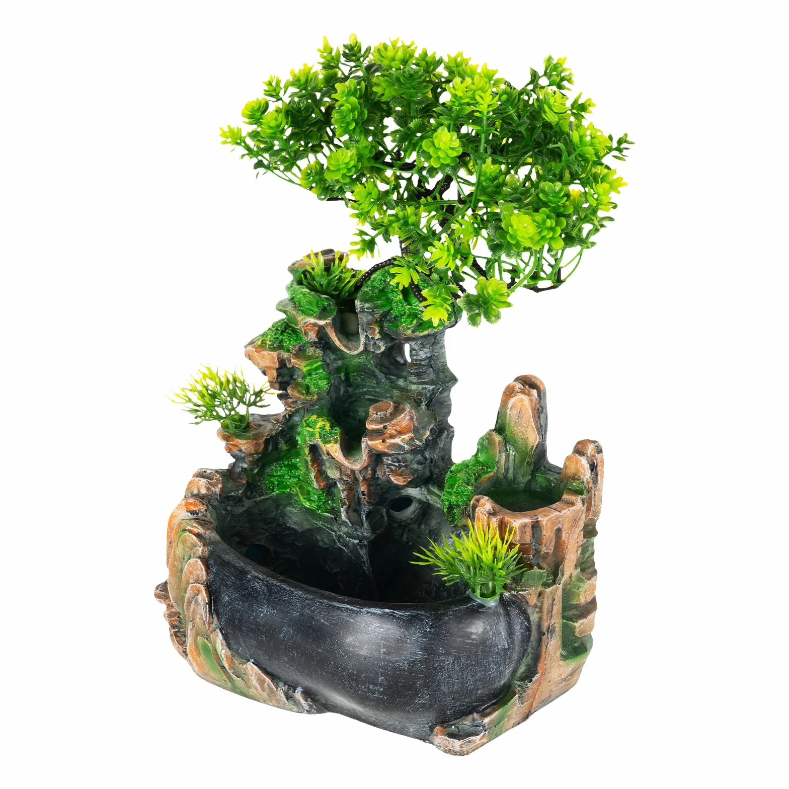 Fuente de agua para mesa, decoración del hogar, aspecto de roca con curso de agua | Resina y plástico pintado a mano, bomba de 220 V, cable de 1,4 m, 20 x 15 x 28 cm, negro y verde