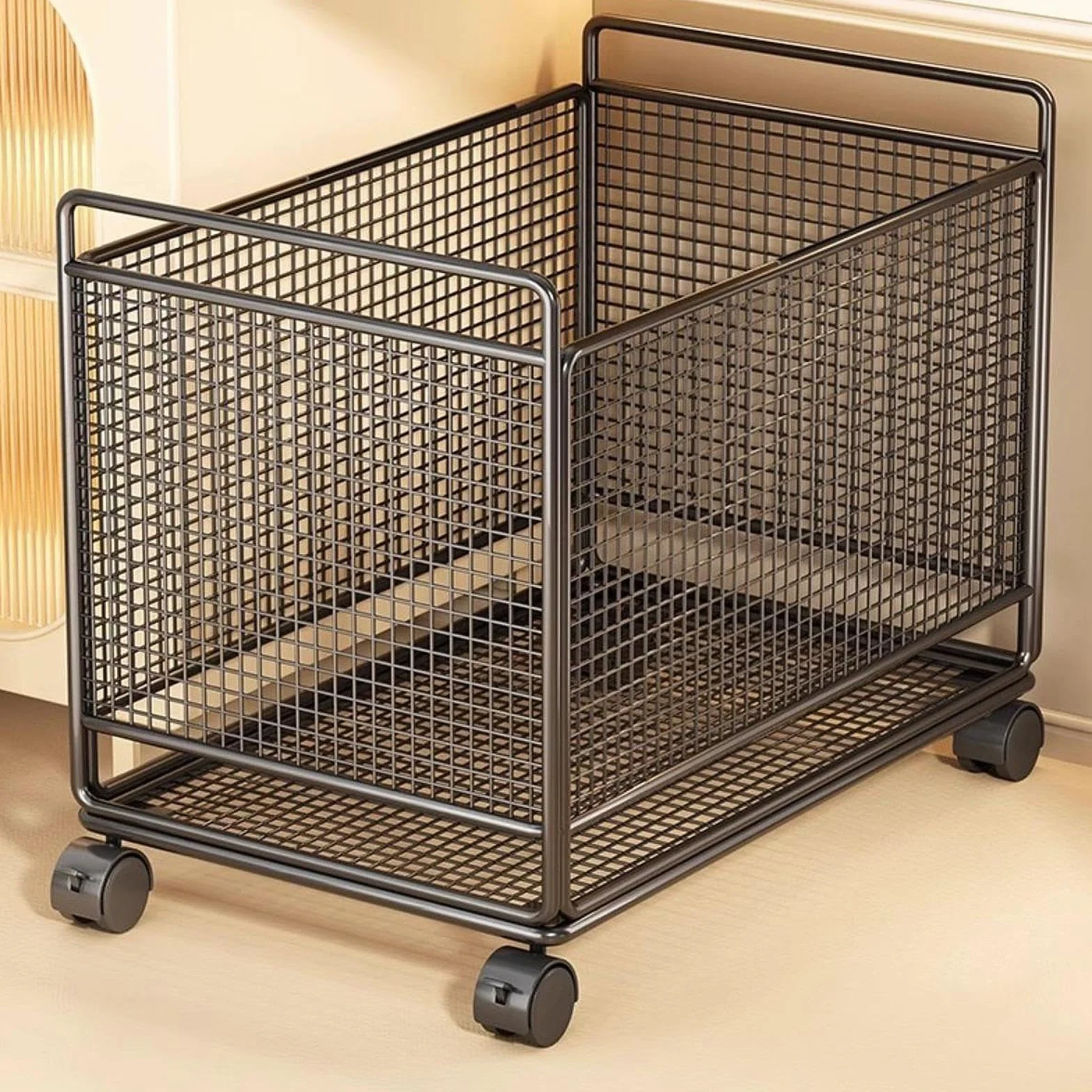 rockible Cesta de Lavandería con Ruedas de Alambre de Metal, Práctica Cesta de Almacenamiento para Ropa Sucia, Ideal para La Entrada del Hogar Y El Dormitorio, Negro, L