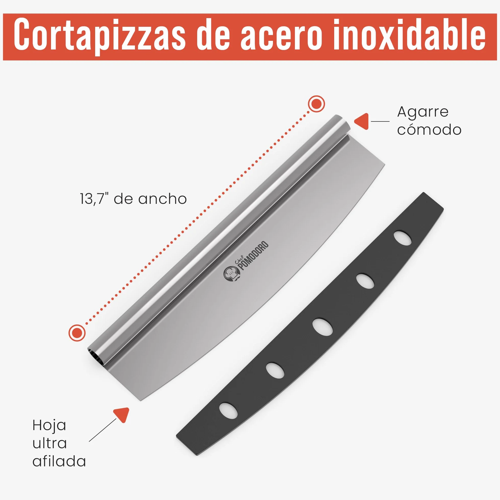 Chef Pomodoro Cortador de Pizza 14" Cuchilla Oscilante Acero Inoxidable Tabla Madera