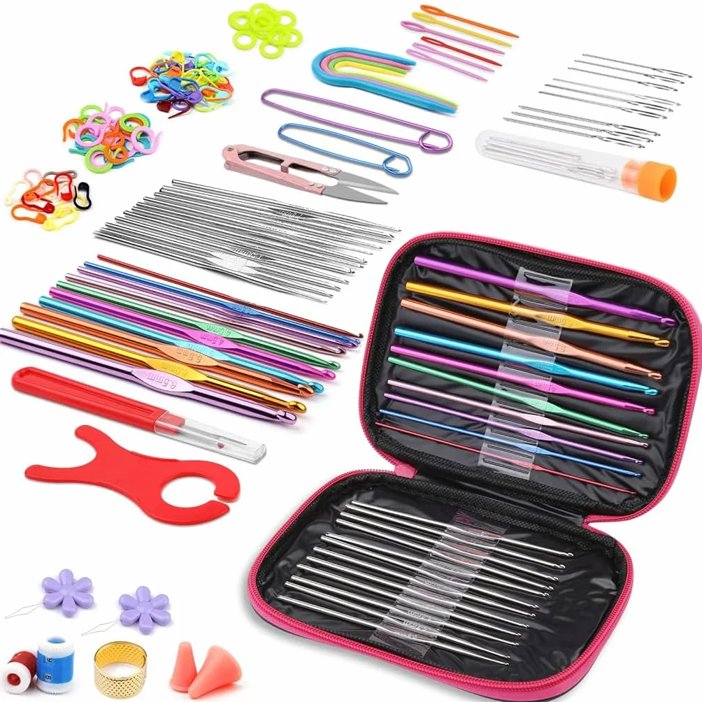 Samyuktha Juego de 109 ganchos de ganchillo, juego de ganchos de ganchillo con funda, ganchos ergonómicos de colores y accesorios de aguja de ganchillo, kit de agujas de ganchillo para principiantes y