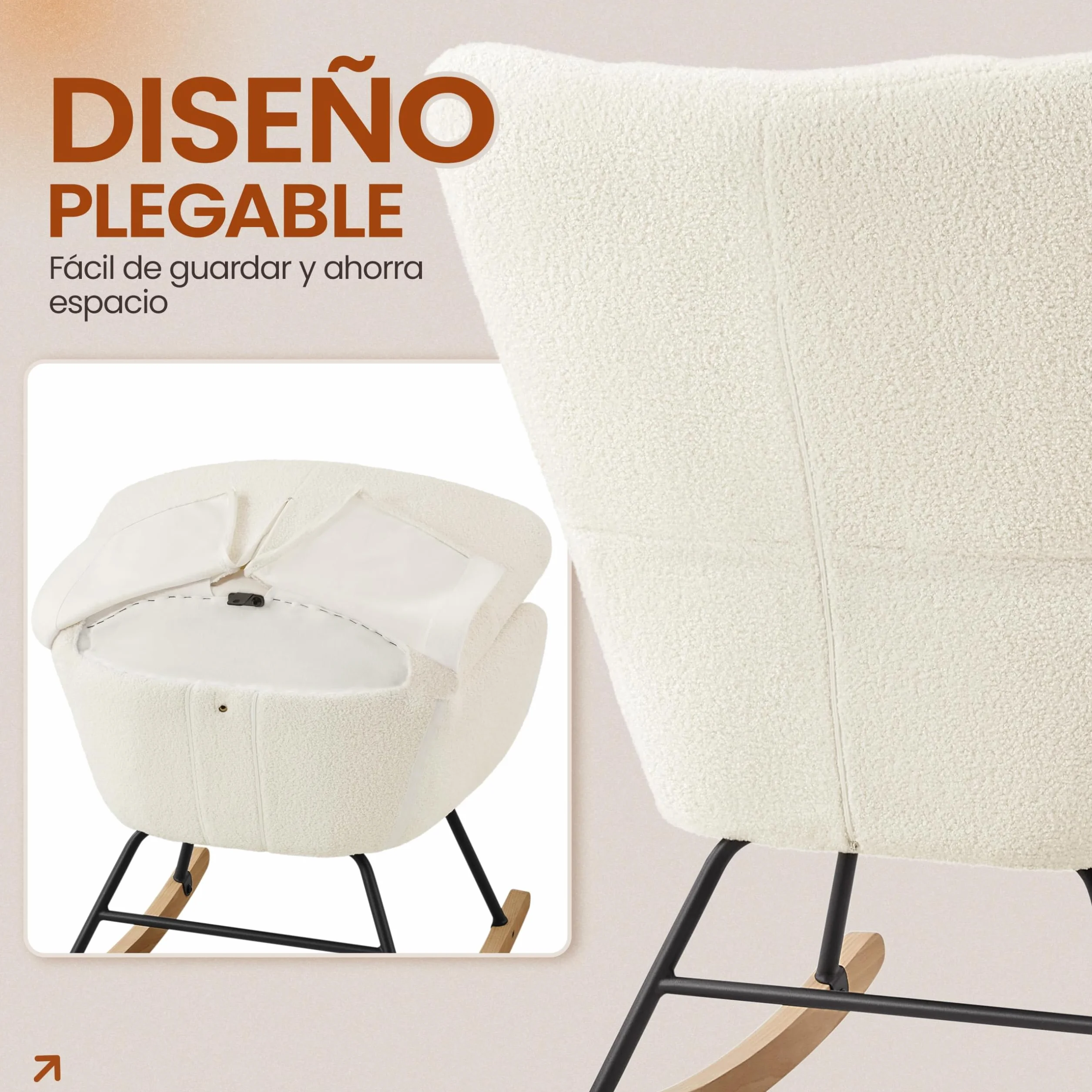 Yaheetech Silla Mecedora Relax Tapizada en Boucle Sillón Balancín con Estructura Metal y Madera de Haya Respaldo Alto Soporta 136 kg Ideal Salón Dormitorio Beige
