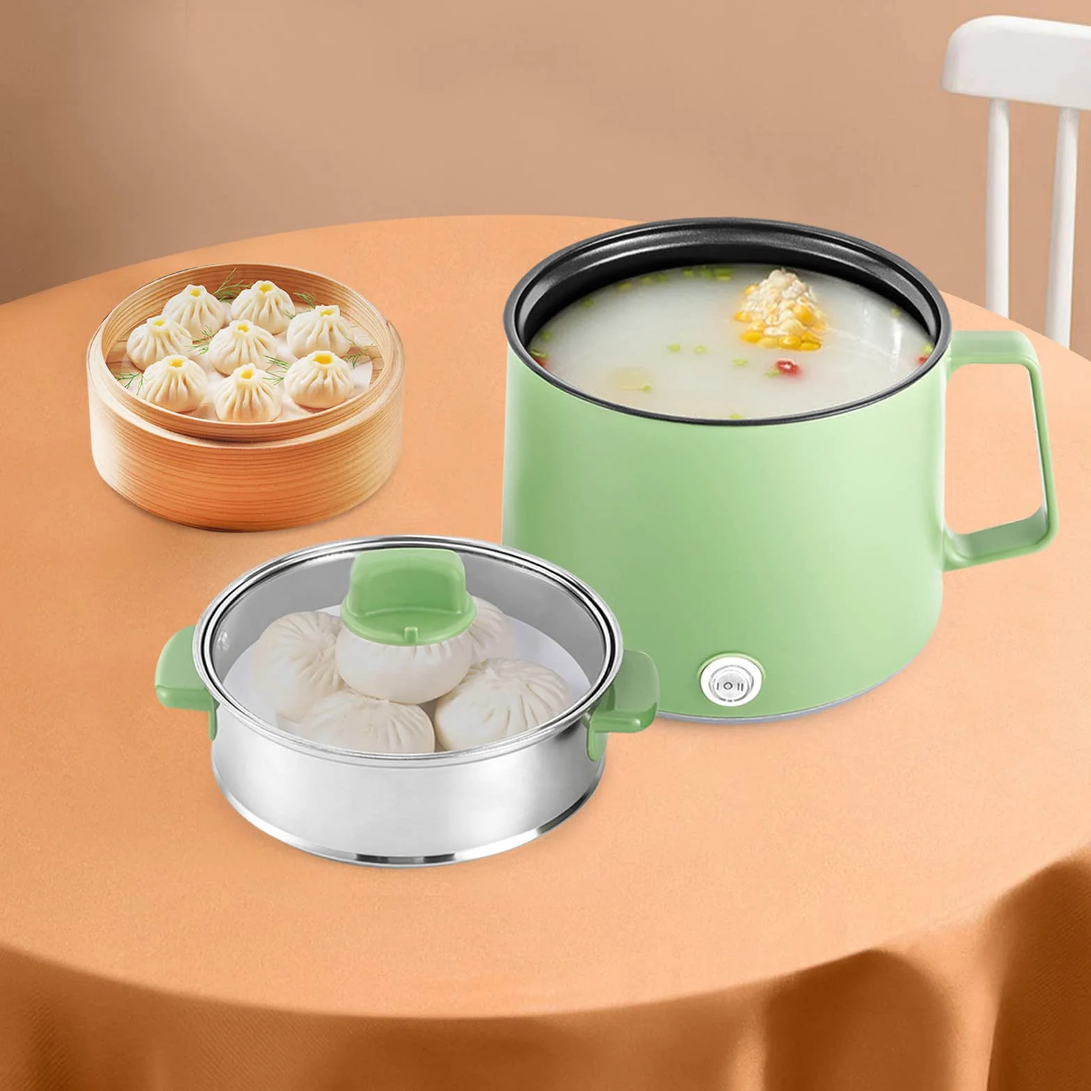 Olla eléctrica 600 W antiadherente con cesta al vapor portátil multiusos para hogar oficina dormitorio (verde)