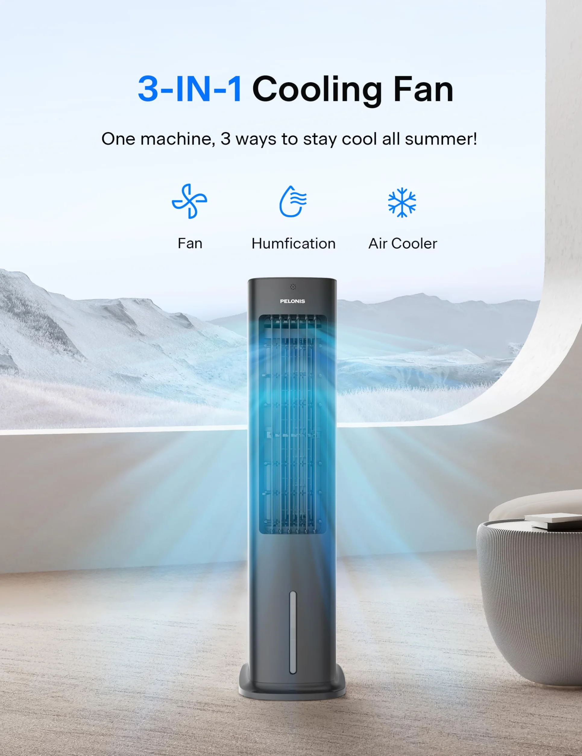 Pelonis Enfriador evaporativo 5 L portátil 3 en 1 ventilador humidificador oscilación automática temporizador 7H