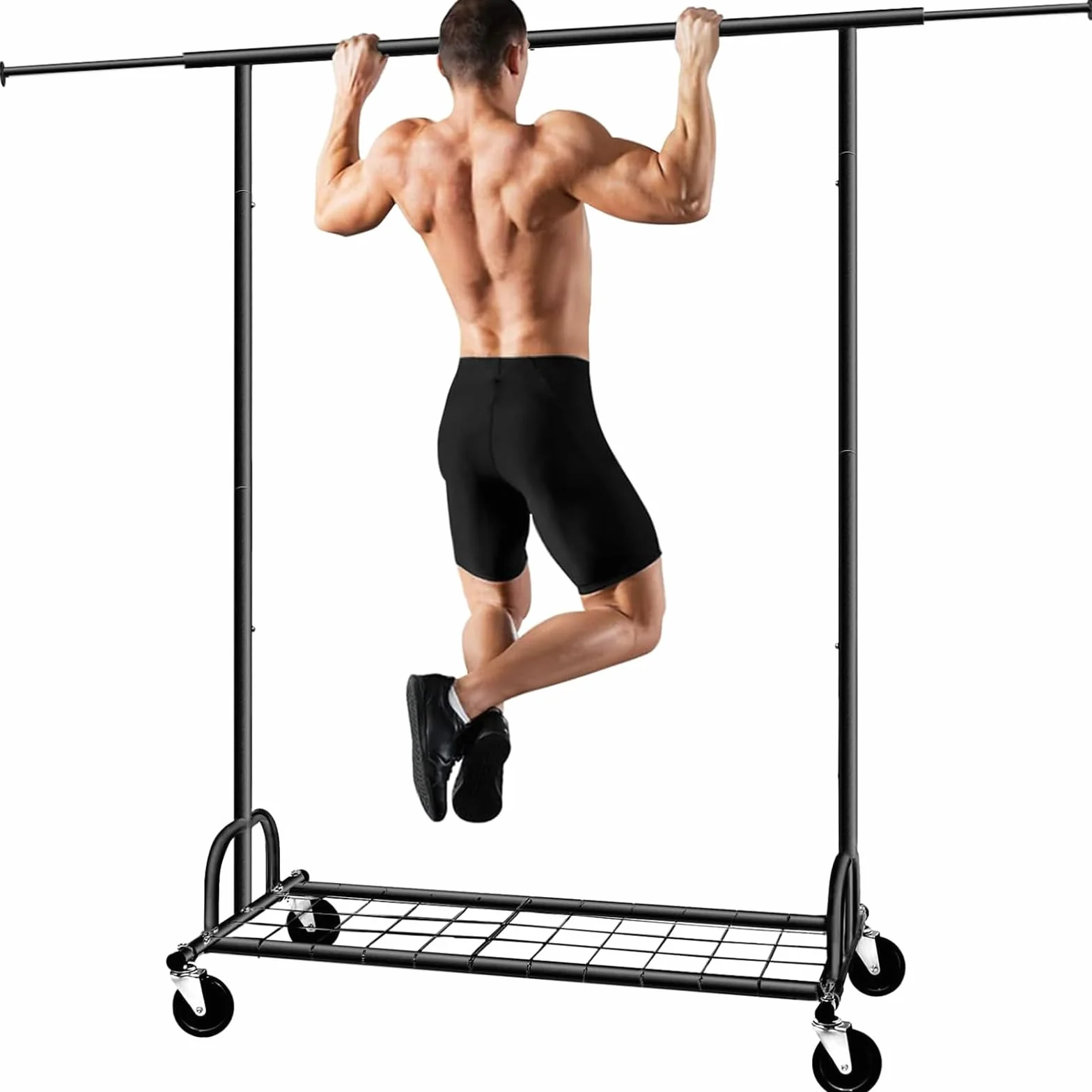 SPECILITE Perchero para Cargas Pesadas, 2 en 1 Perchero Estable con Ruedas y Estantes, Capacidad de Carga 217 kg, Percha Metálico Ajustable para Cargas Pesadas con Ruedas, Negro