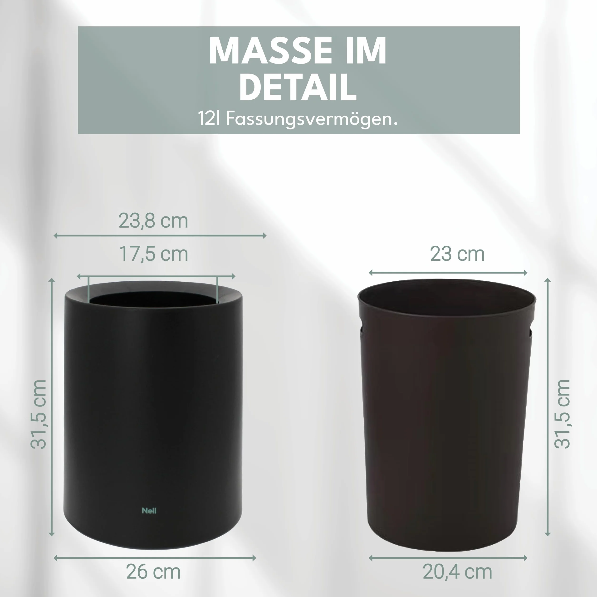 Nell Cubo de basura 12 litros negro mate plástico duradero