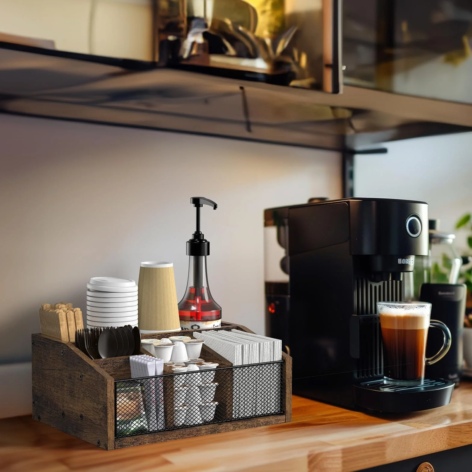 Organizador de Madera para Cafetería 5 Compartimentos con Divisores
