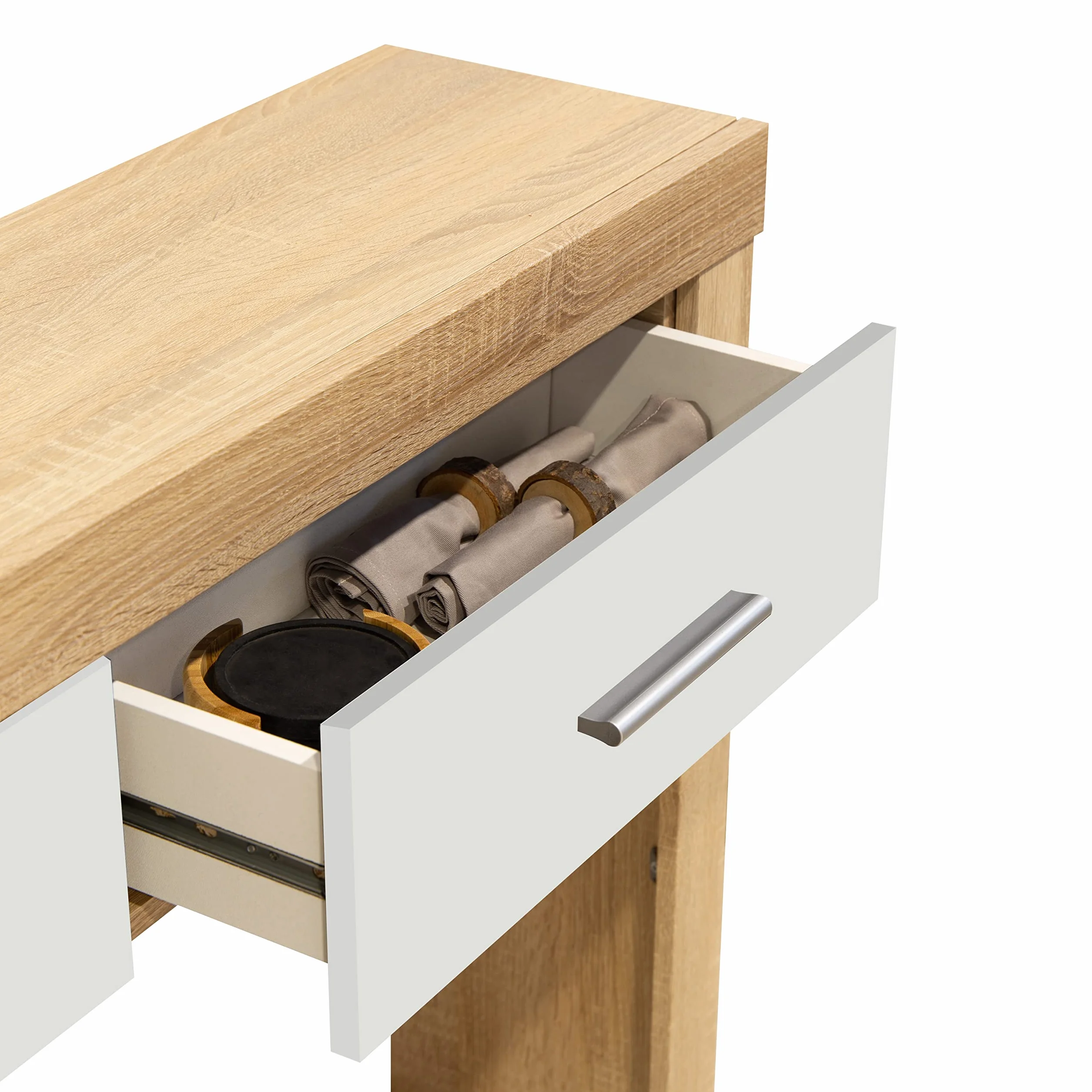 duehome | Recibidor Dos cajones y Espejo, Mueble de Entrada Acabado en Cambria y Blanco, Modelo Nuka, Medidas: 115 cm (Largo) x 26 cm (Fondo) x 85 cm (Alto)