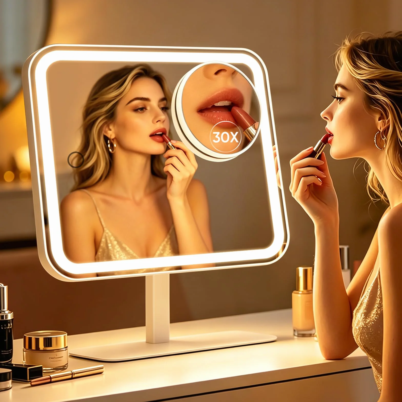 FUNTOUCH Espejo de tocador grande con luces, 4500 mAh, recargable, iluminado con aumento de 30x, 3 luces regulables de color, control táctil, rotación de 360°, regalo para mujer, para dormitorio