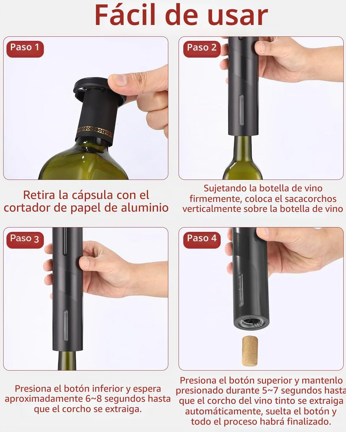 Sacacorchos Eléctrico Recargable Inalámbrico, Abrebotellas Automático Profesional, Negro