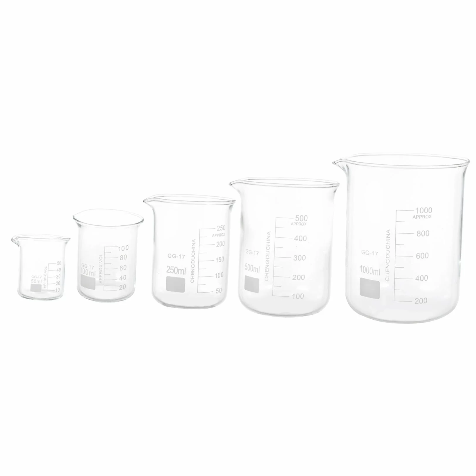 Vasos Graduados de Vidrio 5piezas para Laboratorio, Alta Temperatura | Tazas Medidoras de Vidrio, Vaso de Vidrio Transparente, Decoracion Colegio