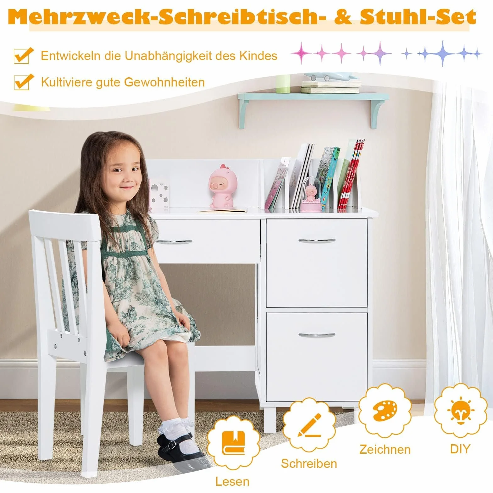 FANTASK Escritorio Infantil de Madera para Estudiantes con Silla, Mesa de Aprendizaje Infantil Multifuncional con Estante, Estante Abierto y Armario de Almacenamiento, Escritorio para niños para
