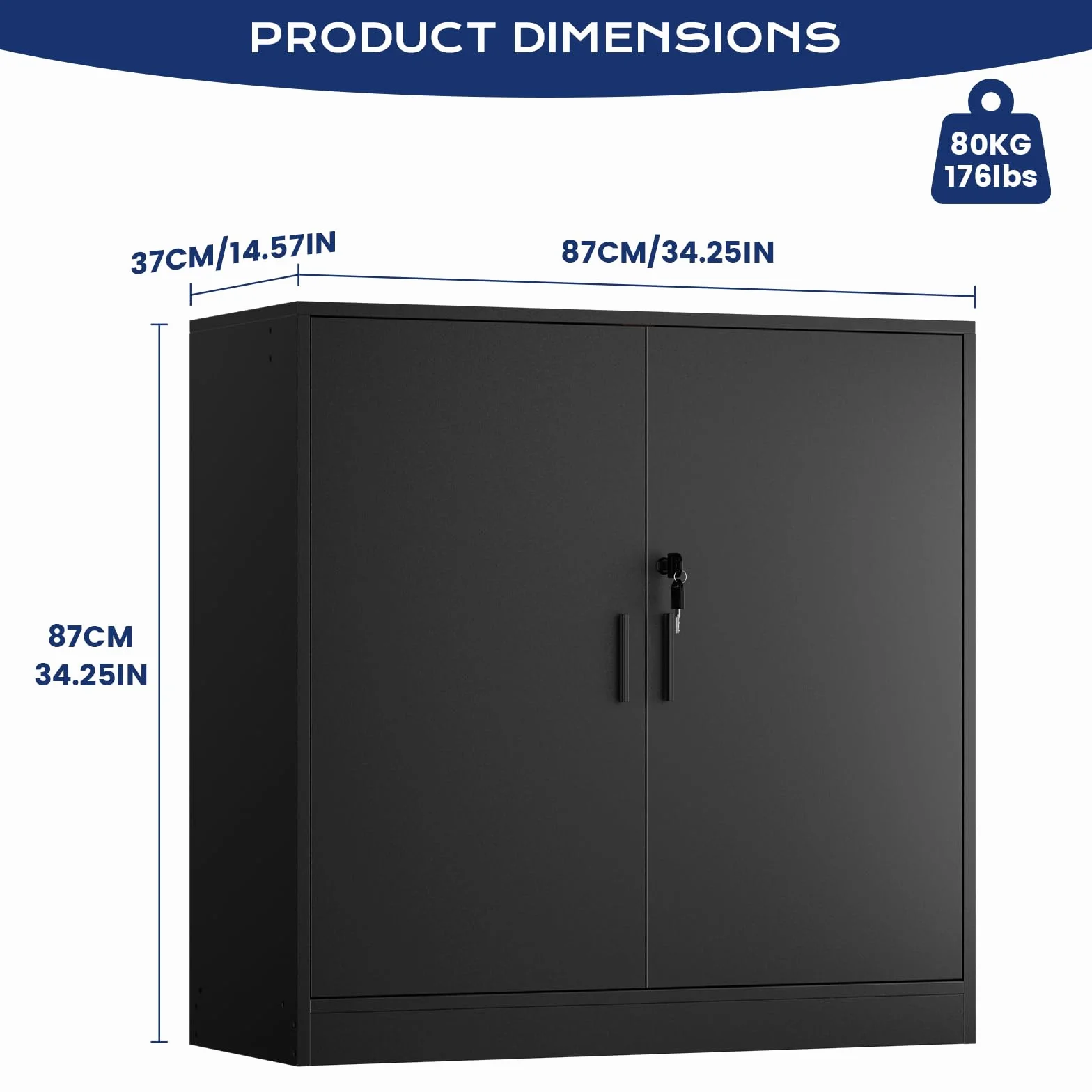 Armario Oficina con Cerradura Llave 2 Puertas, Armario Multiusos Almacenaje para Cocina Archivador Oficina Dormitorio Garaje Herramientas y Salon, Baldas Ajustable, 87 cm Fondo, Negro