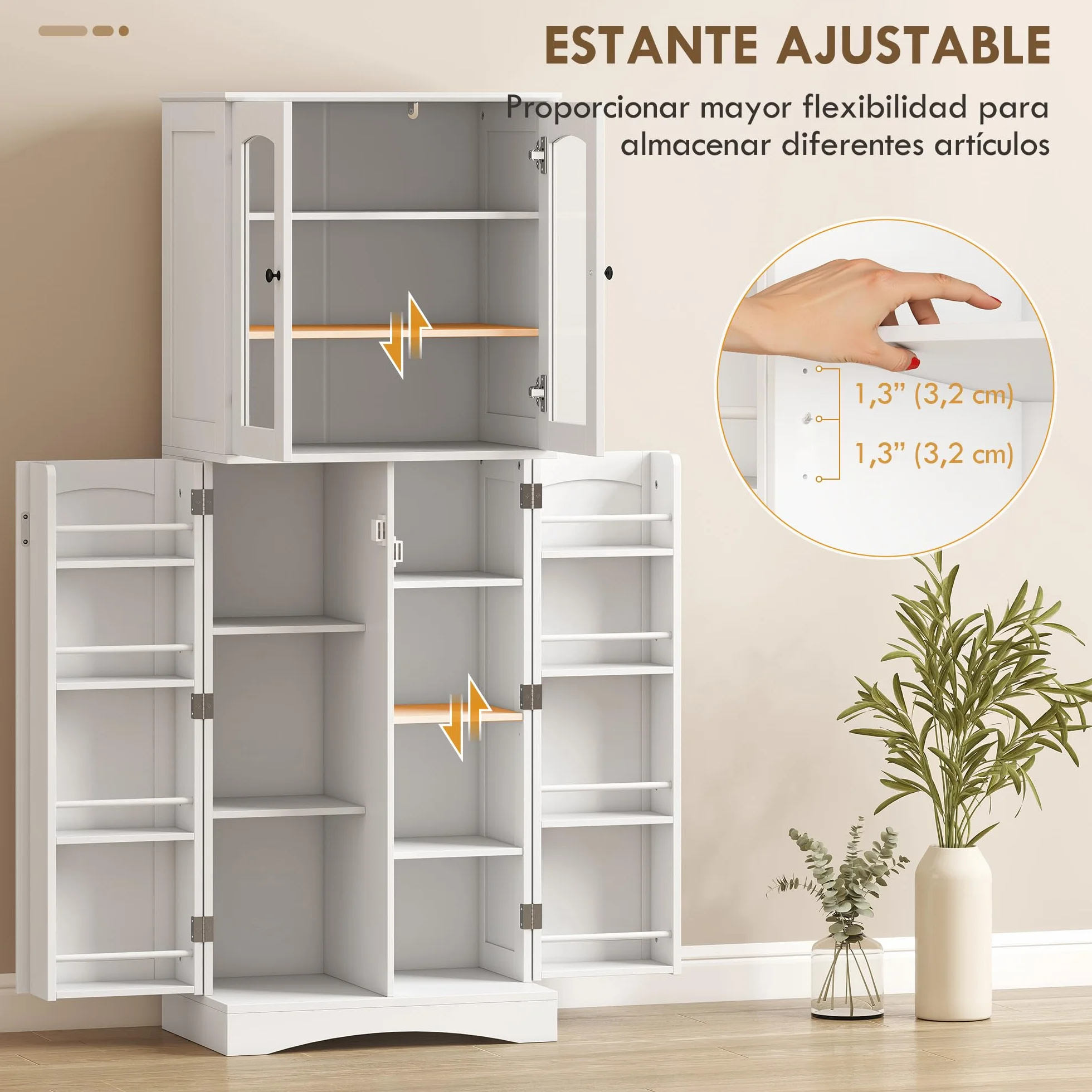 HOMCOM Armario de Cocina, Armario Despensa Cocina, con Puertas Acrílicas de Cierre Suave, 10 Estantes, 8 Compartimentos, Alacena Moderna con 4 Estantes Ajustables para Comedor, 60x40x162 cm, Blanco