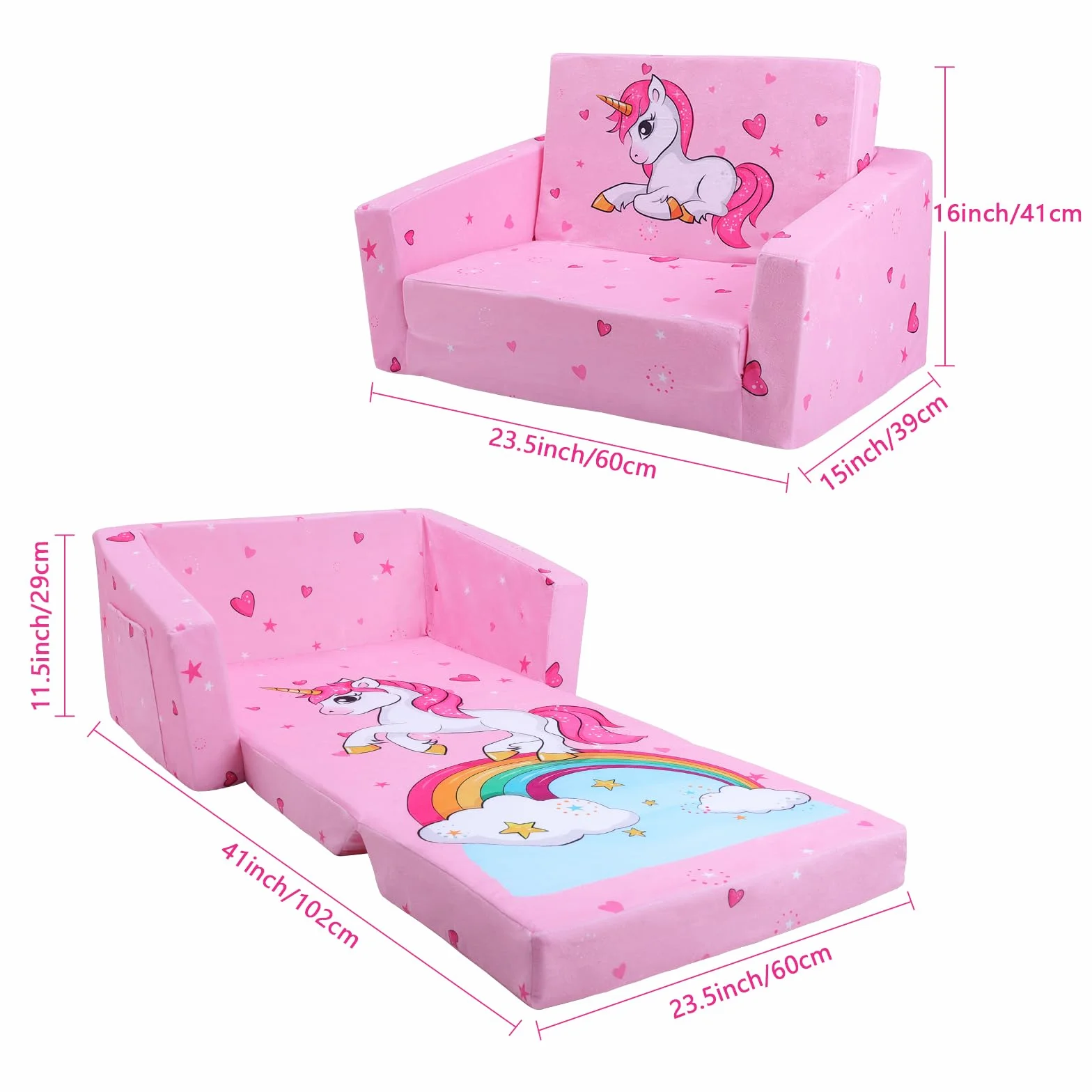 decalsweet Sofás Plegables para niños Sillón con Respaldo 2 en 1, Sillón Infantil Cómoda Estable Ligero con Bolsillo de Tela, Sofá Cama Asiento para Bebé para Dormitorio Sala de Juegos, Unicornio