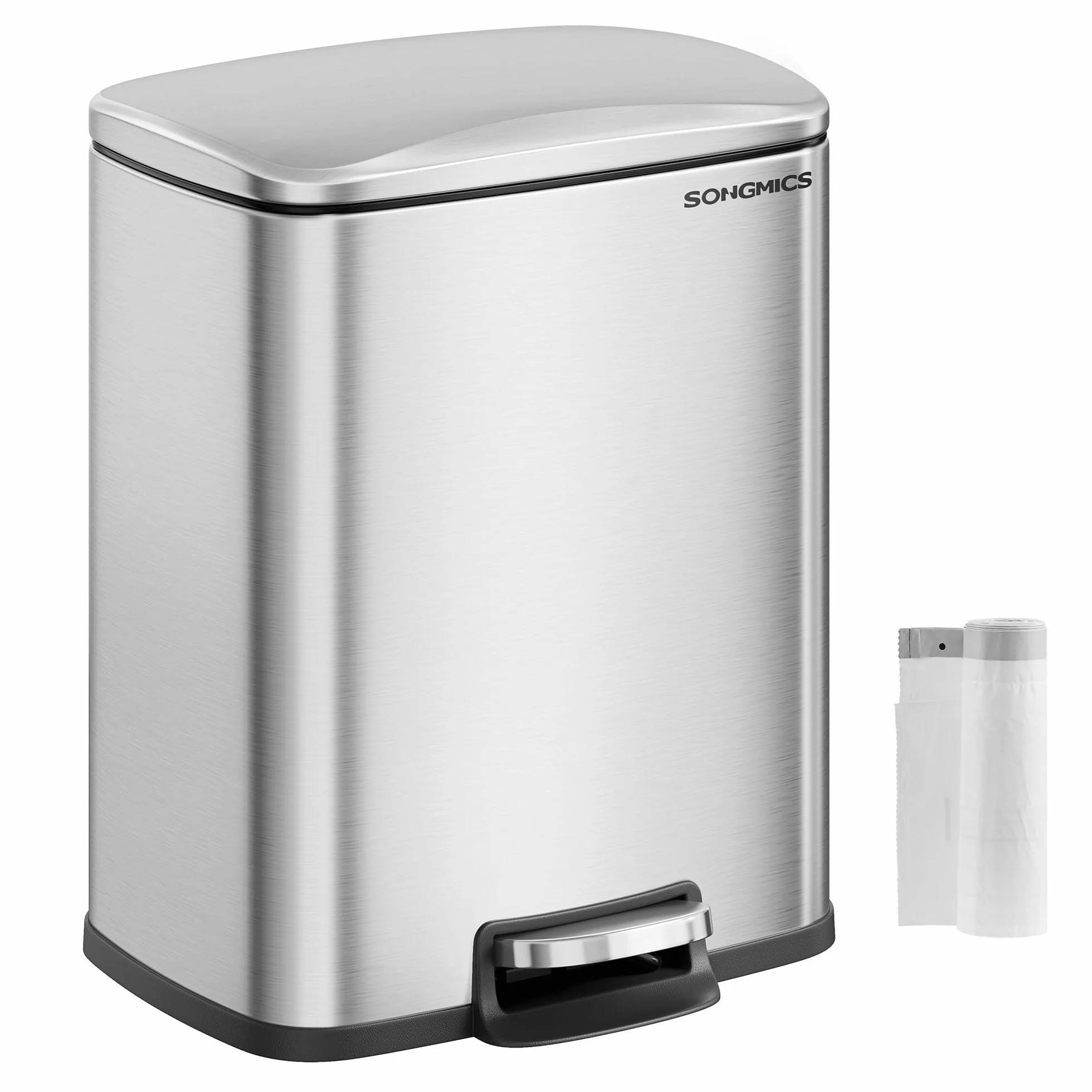 SONGMICS Papelera de Cocina, Cubo de Pedal de 20 L, Cubo de Basura, Tapa de Cierre Suave, Permanece Abierta, Cubo Interior, Incluye 15 Bolsas de Basura, Plata Metálico LTB543E01