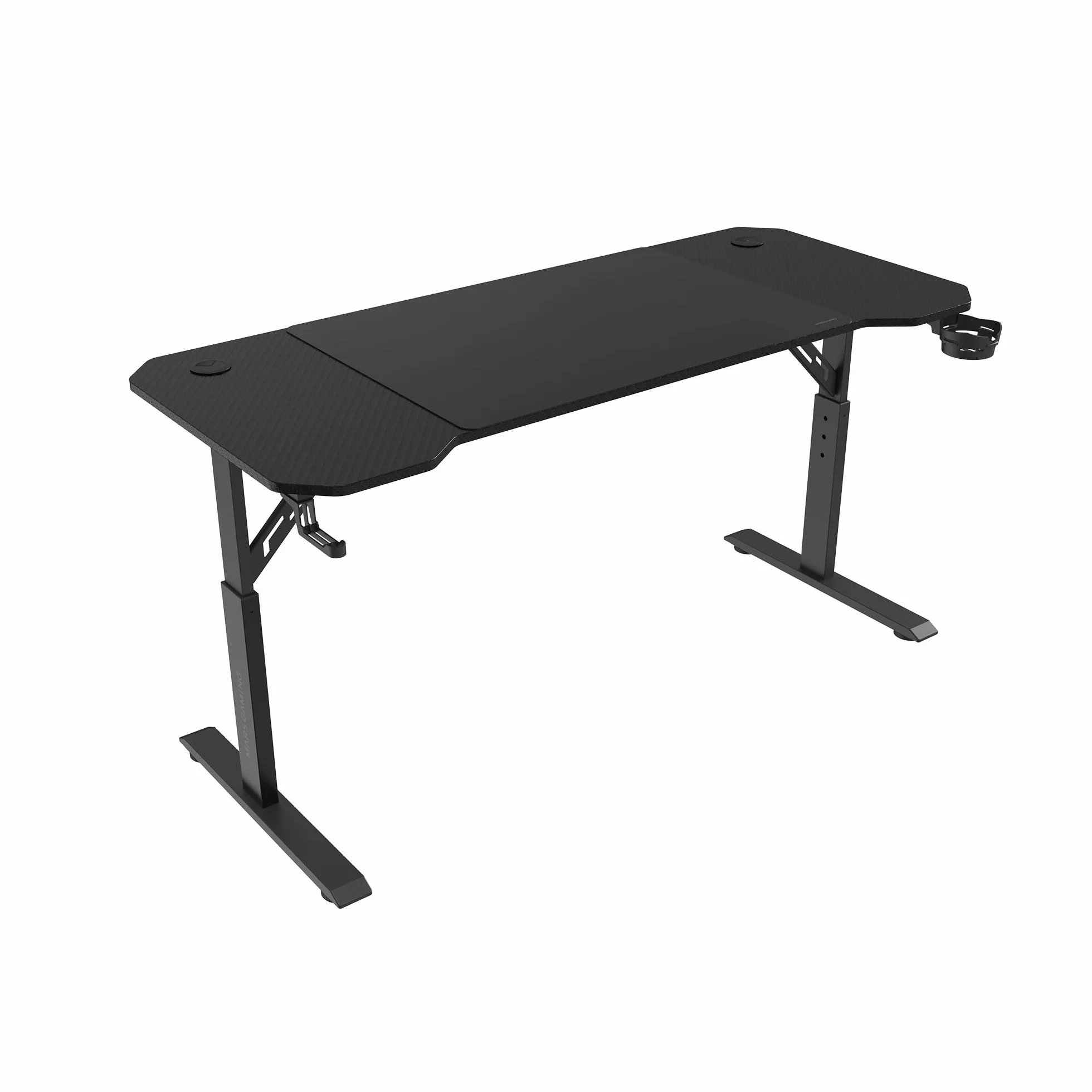 Mars Gaming MGD-ERGO140, Mesa Altura Ajustable 3 Posiciones, Superficie Ergonómica, Estructura Metálica, Alfombrilla XXL, Soporte Auriculares + Bebida, Gestión Cableado, Mesa Gaming 140x60cm, Negro