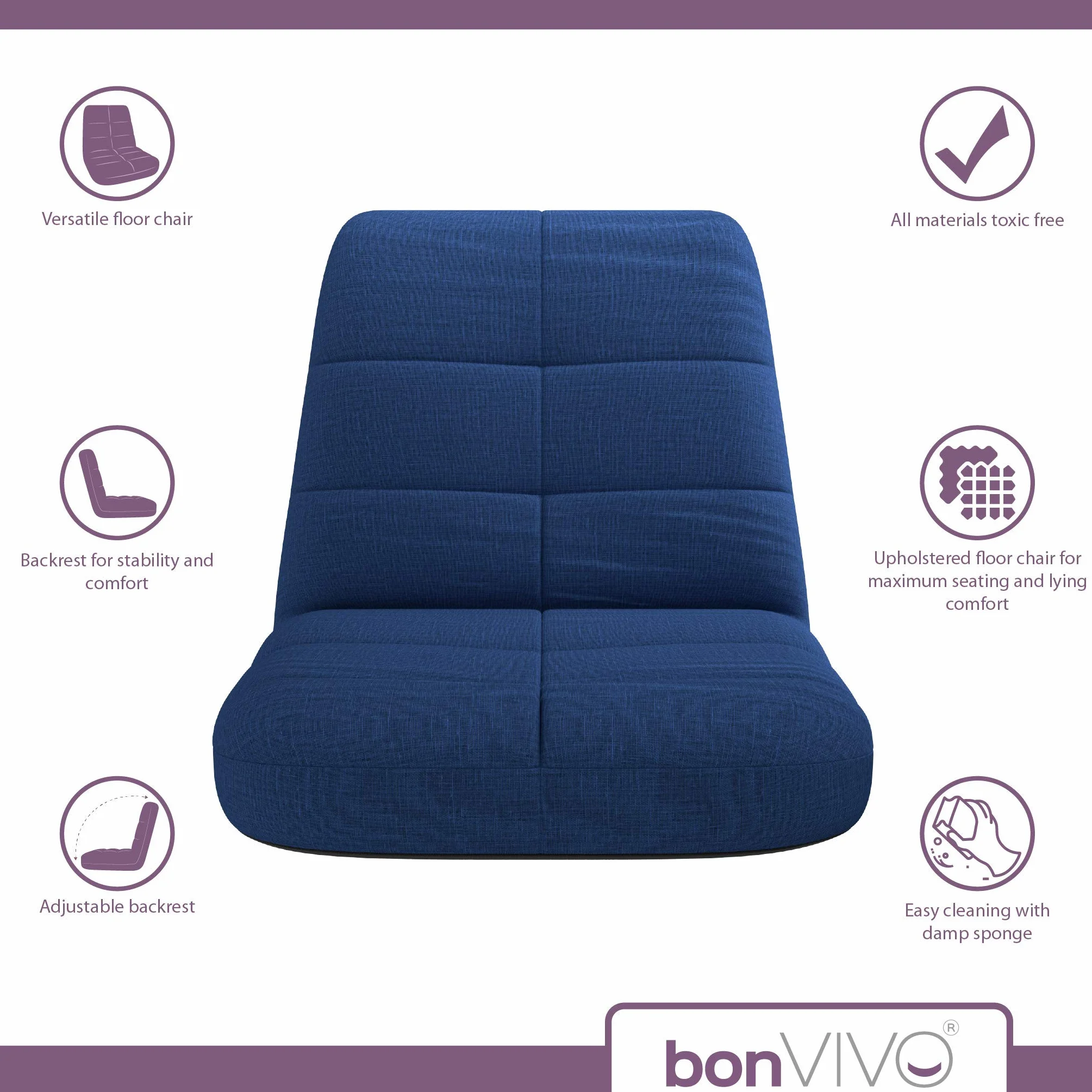 bonVIVO Easy Lounge Silla Suelo Plegable Reclinable 5 Posiciones Azul Gris