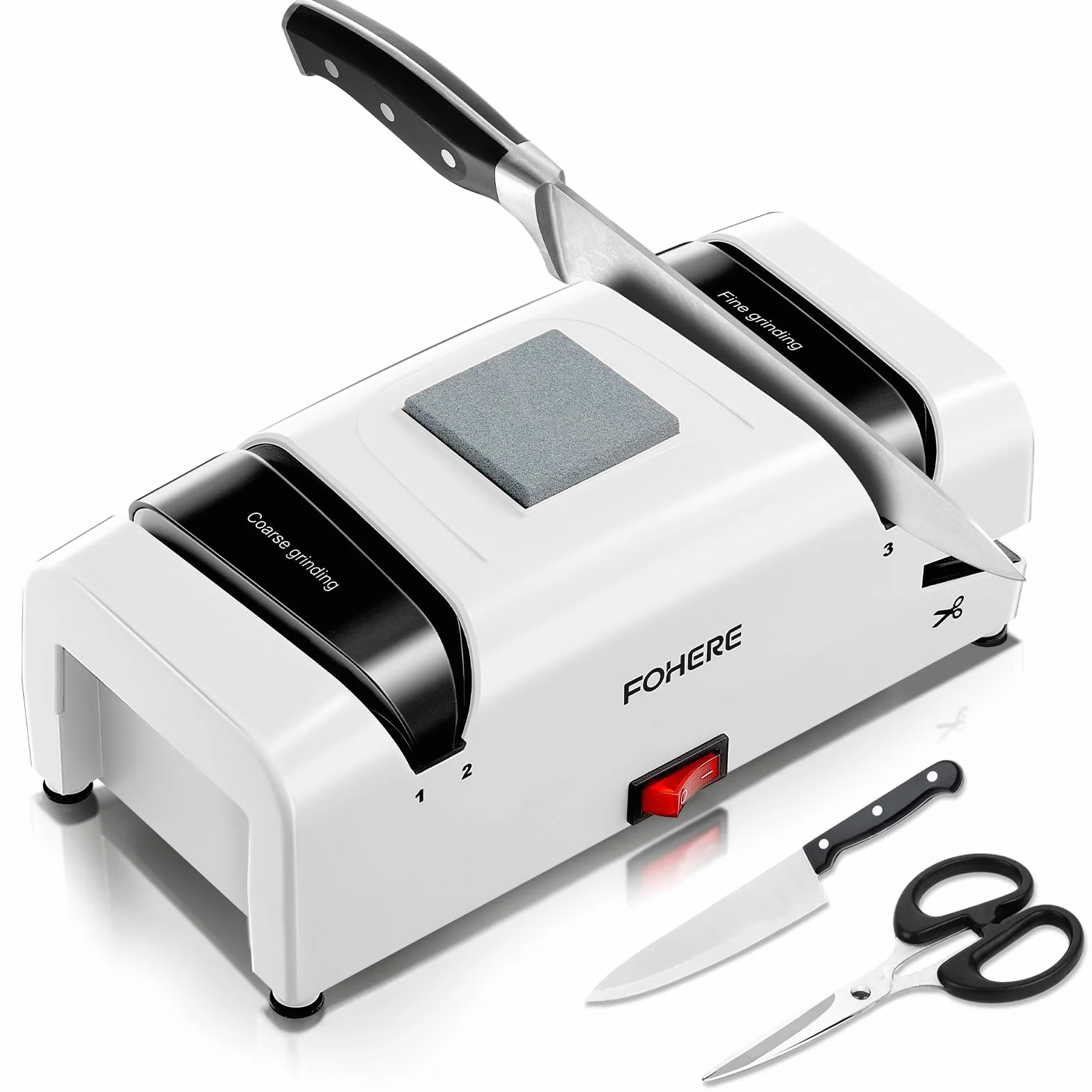 Afilador de Cuchillos Eléctrico 5 in 1, Profesional 15 grados, 2 Magnetischen Chipsammlern, 100% Diamant-Schleifmitteln für Doppelter Küchenmessern aus Stahl, Schere, Schlitzschraubendreher
