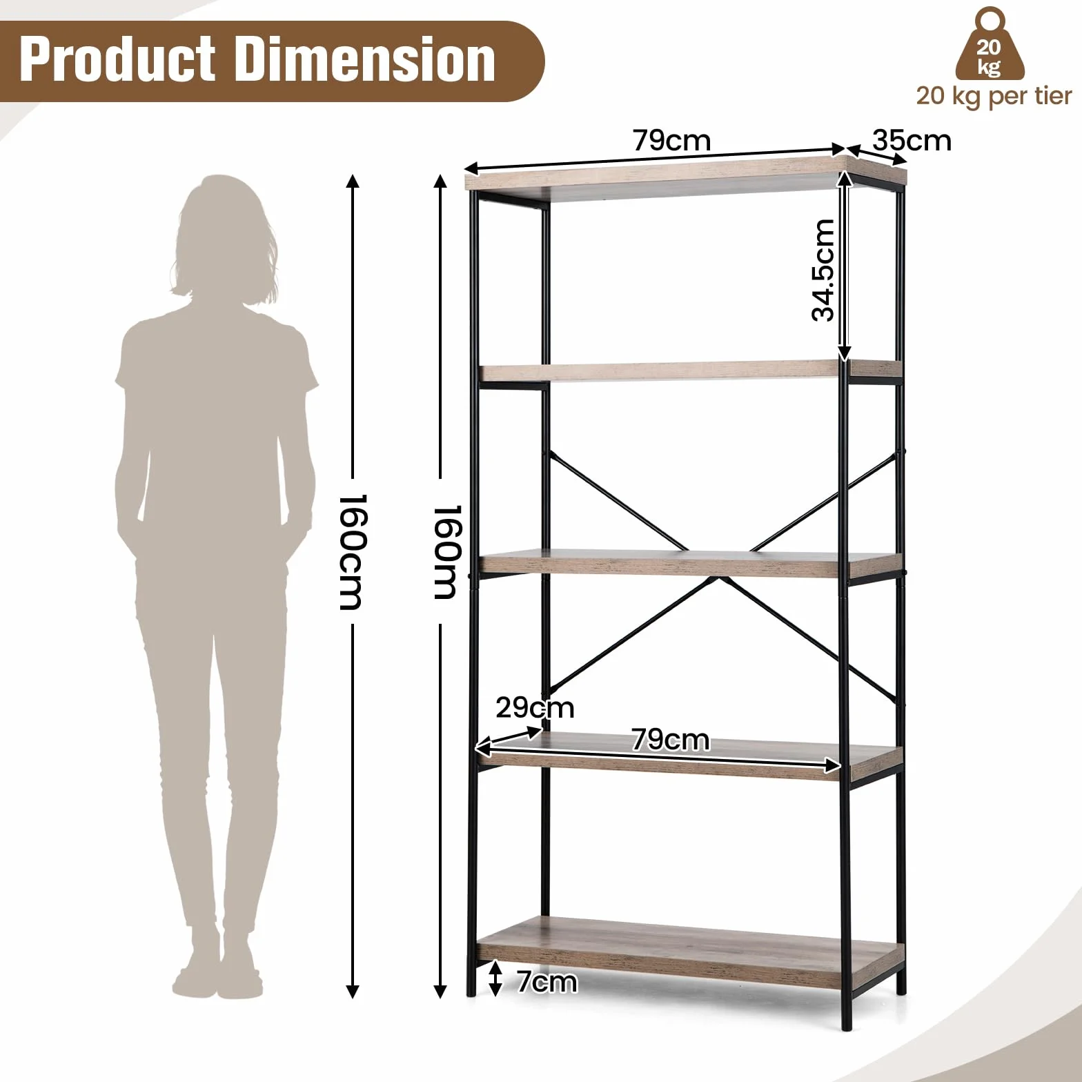 HOMASIS Librería con 5 niveles, estantería independiente con estructura metálica, cada estante puede soportar hasta 20 kg, para salón, dormitorio, estudio, 79 x 35 x 160 cm, diseño industrial (Gris)