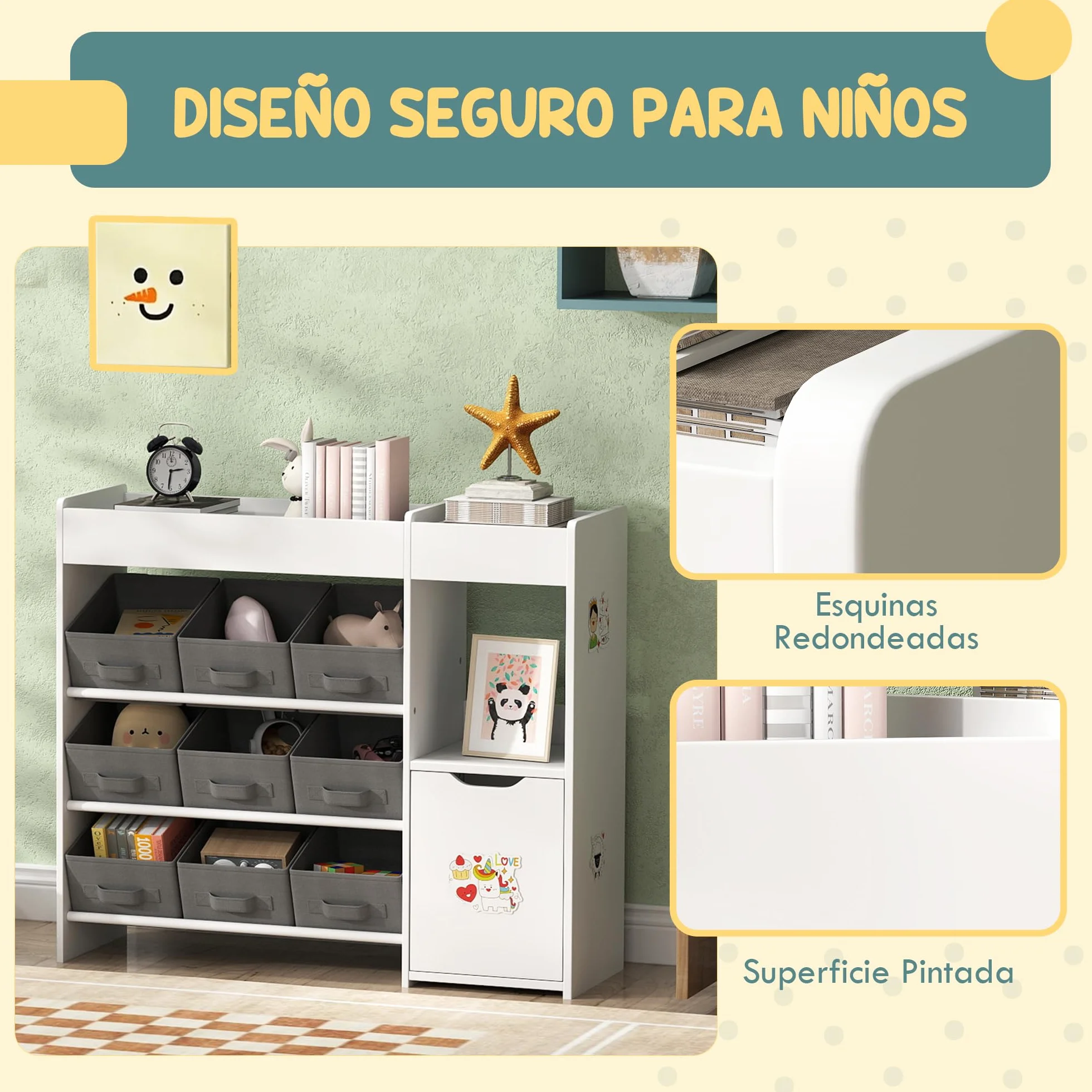 AIYAPLAY Estantería para Juguetes para Niños Organizador Infantil Montessori con 9 Cestas Extraíbles Compartimentos y Láminas de Pegatinas para Guardería Sala de Juegos 92x30x80 cm Blanco