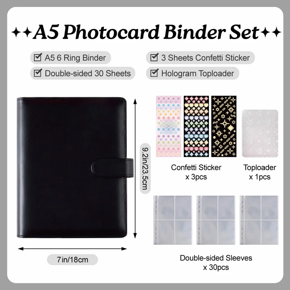 Carpeta A5 Kpop para tarjetas fotográficas con 240 bolsillos, álbum para tarjetas fotográficas con 30 fundas de doble cara para tarjetas fotográficas, 6 anillas de piel sintética, bonito libro