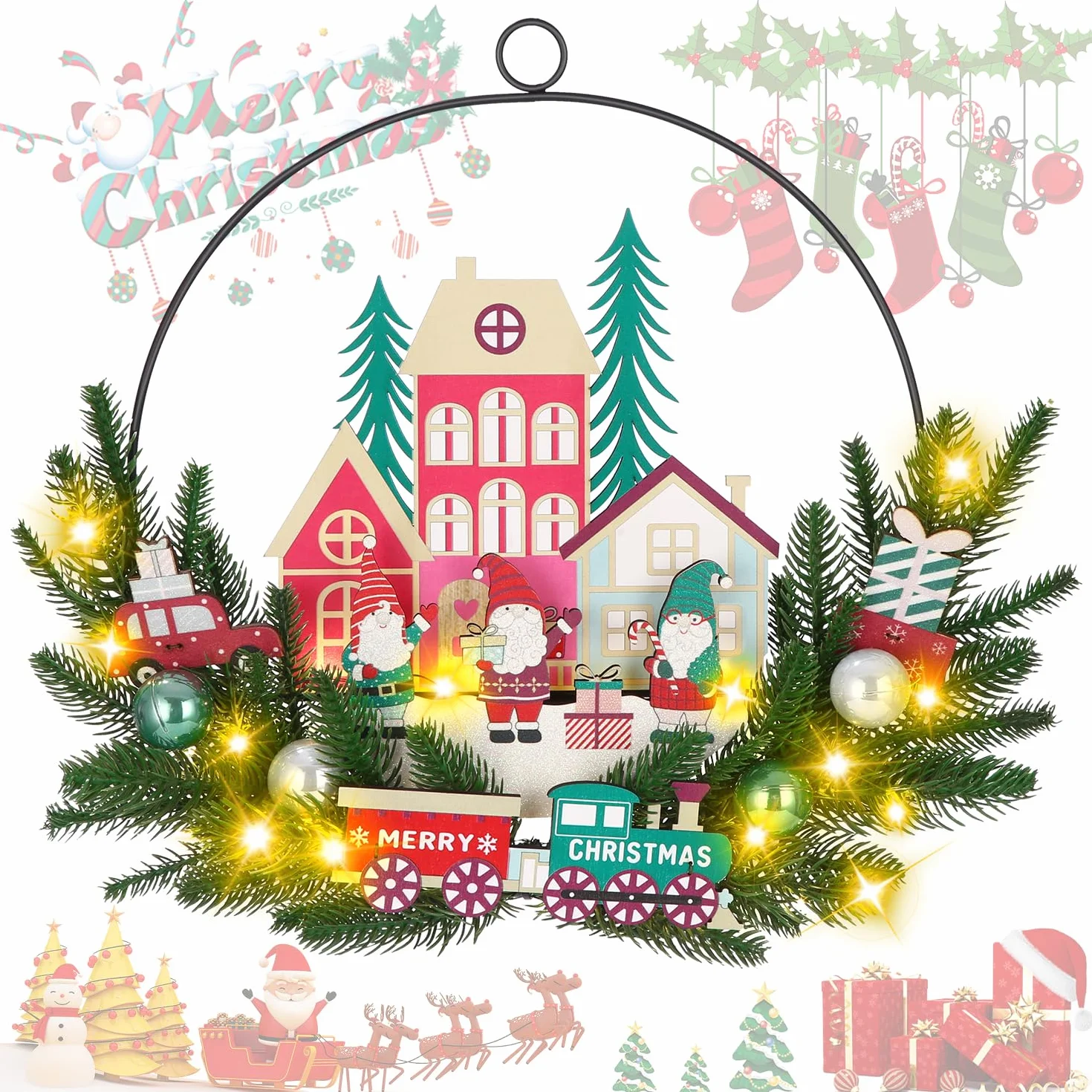 Corona Navidad Puerta con LED, Decoracion Navidad Puerta, Corona de Navidad para Puerta, Adorno Puerta Navidad, Guirnalda Navidad Puerta, Adorno navideño para Puerta, 30cm (Rojo)