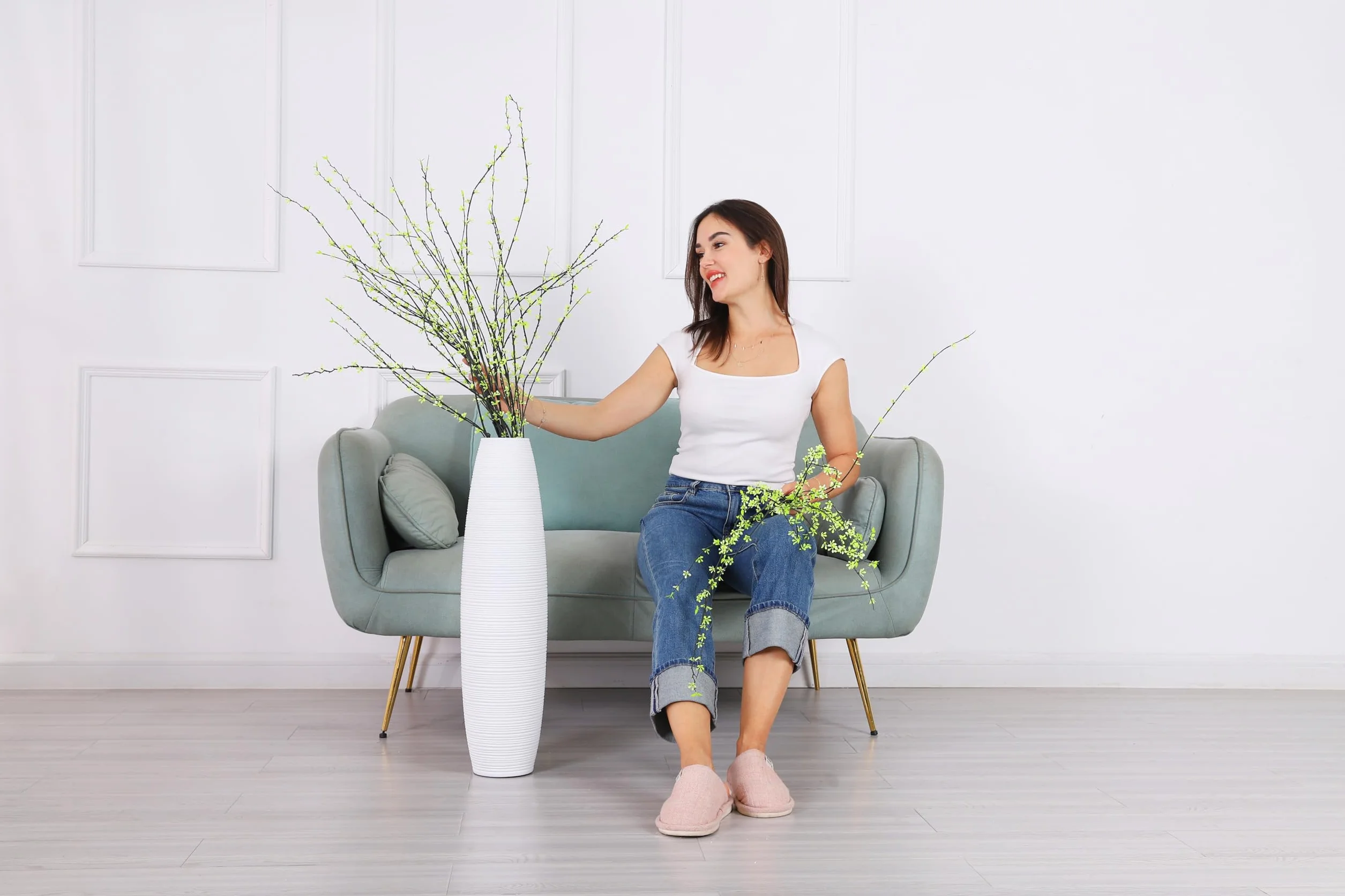 Leewadee Jarrones Decorativos Grandes - Floreros Altos Modernos para Flores O Pampas, 65 cm, Blanco, Resina