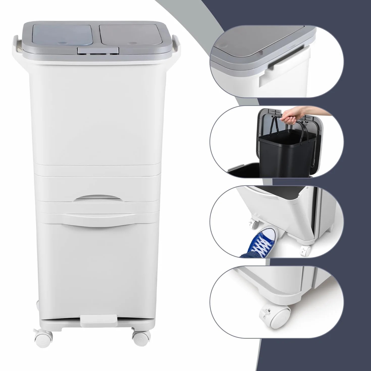 Fiqops Cubo de basura para cocina 42L con 3 compartimentos, separador de seco y húmedo, cubo de basura con pedal y ruedas para cocina, oficina y hogar, color blanco
