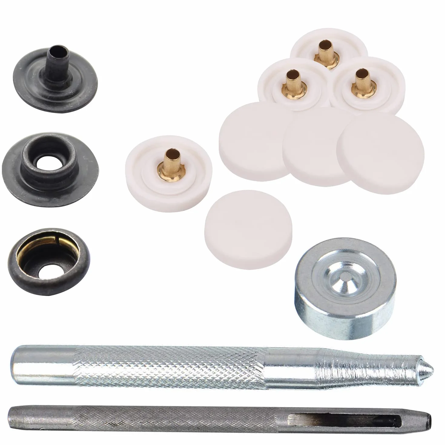 WedDecor Pernos de presión sin Costuras, Sujetadores duraderos con Herramientas de sujeción Manual, Tapa de plástico con broches Traseros de Metal para Ropa, Blanco, 500 Piezas