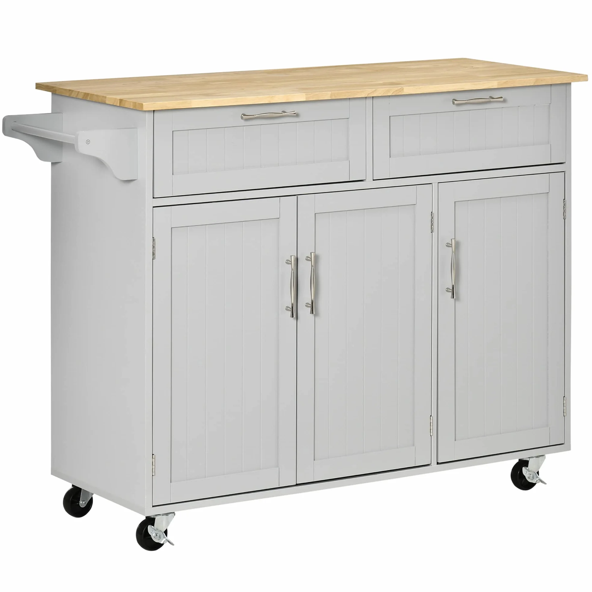 HOMCOM Isla de Cocina con Ruedas Carro de Cocina Mueble Auxiliar de Cocina con 2 Cajones 3 Puertas y Barra Lateral para Comedor 121x46x91 cm Gris