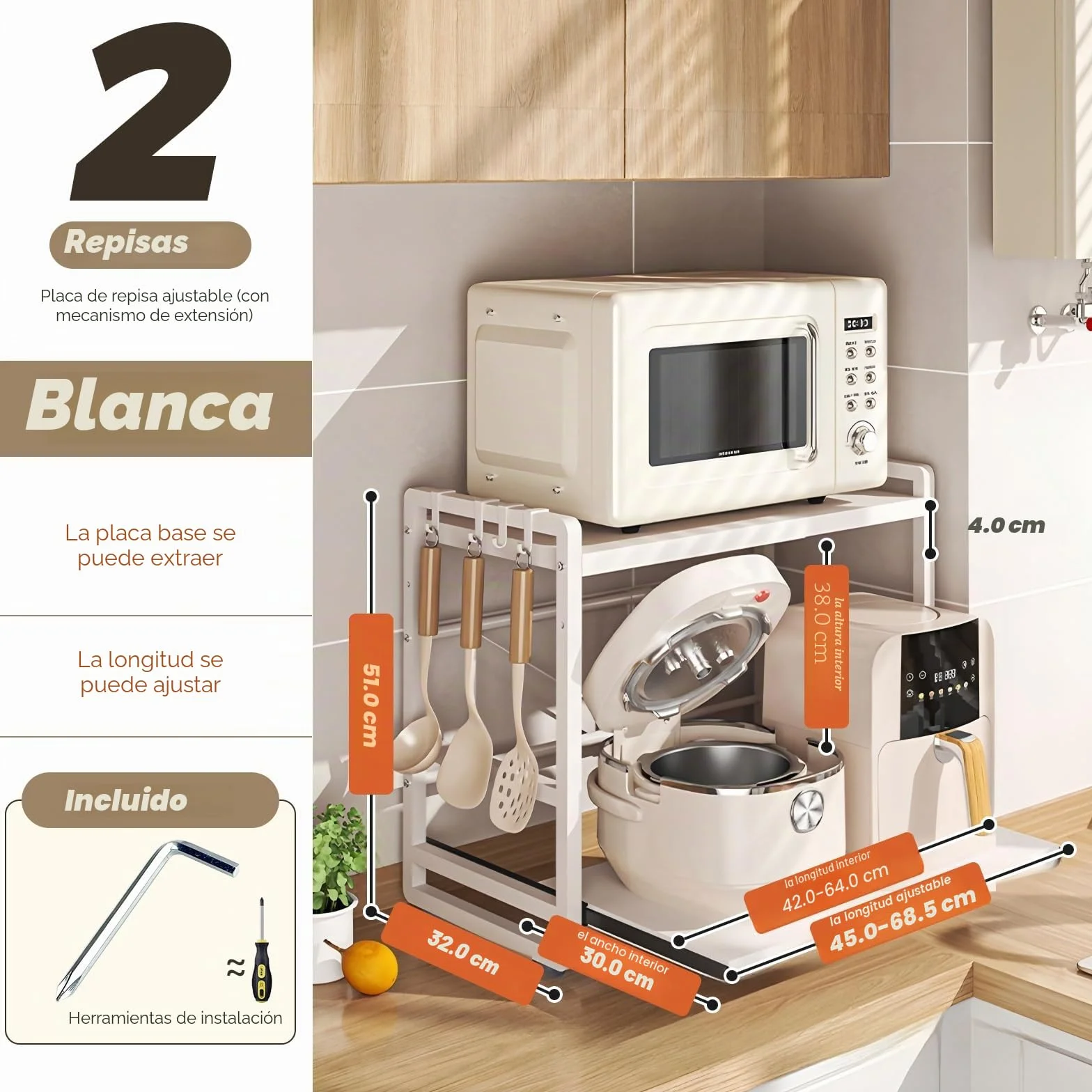 Estante de cocina con 2 niveles, altura ajustable y estante extensible con cajón, acero al carbono, ganchos y ventosas de refuerzo, fácil montaje, color blanco