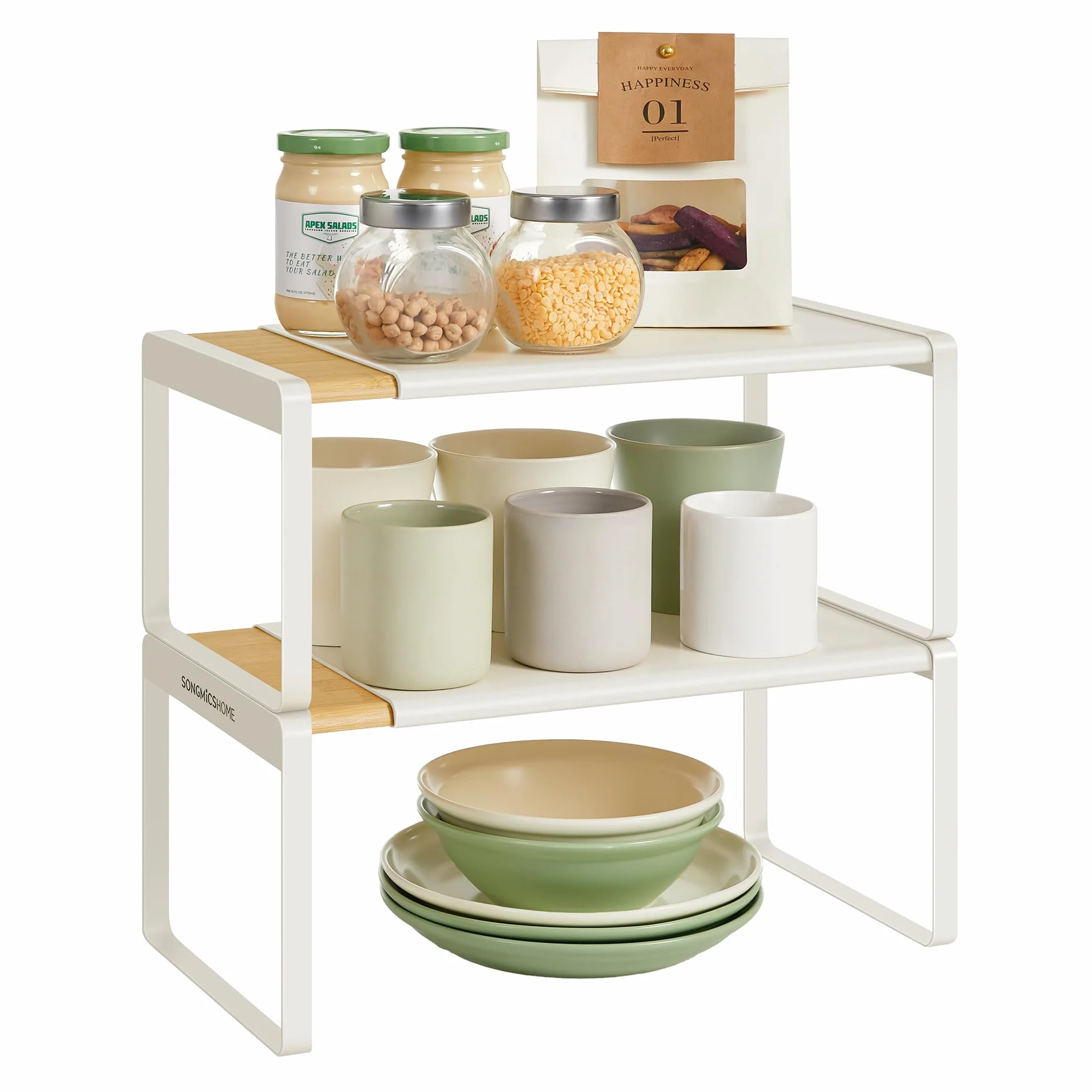 SONGMICS HOME Especiero, Juego de 2, Extensible, Organizador de Cocina, Estante de Cocina, Organizador de Armario, Estante Pequeño, Apilable, Zapatero, Beige Natural y Blanco Crema KCS051N01