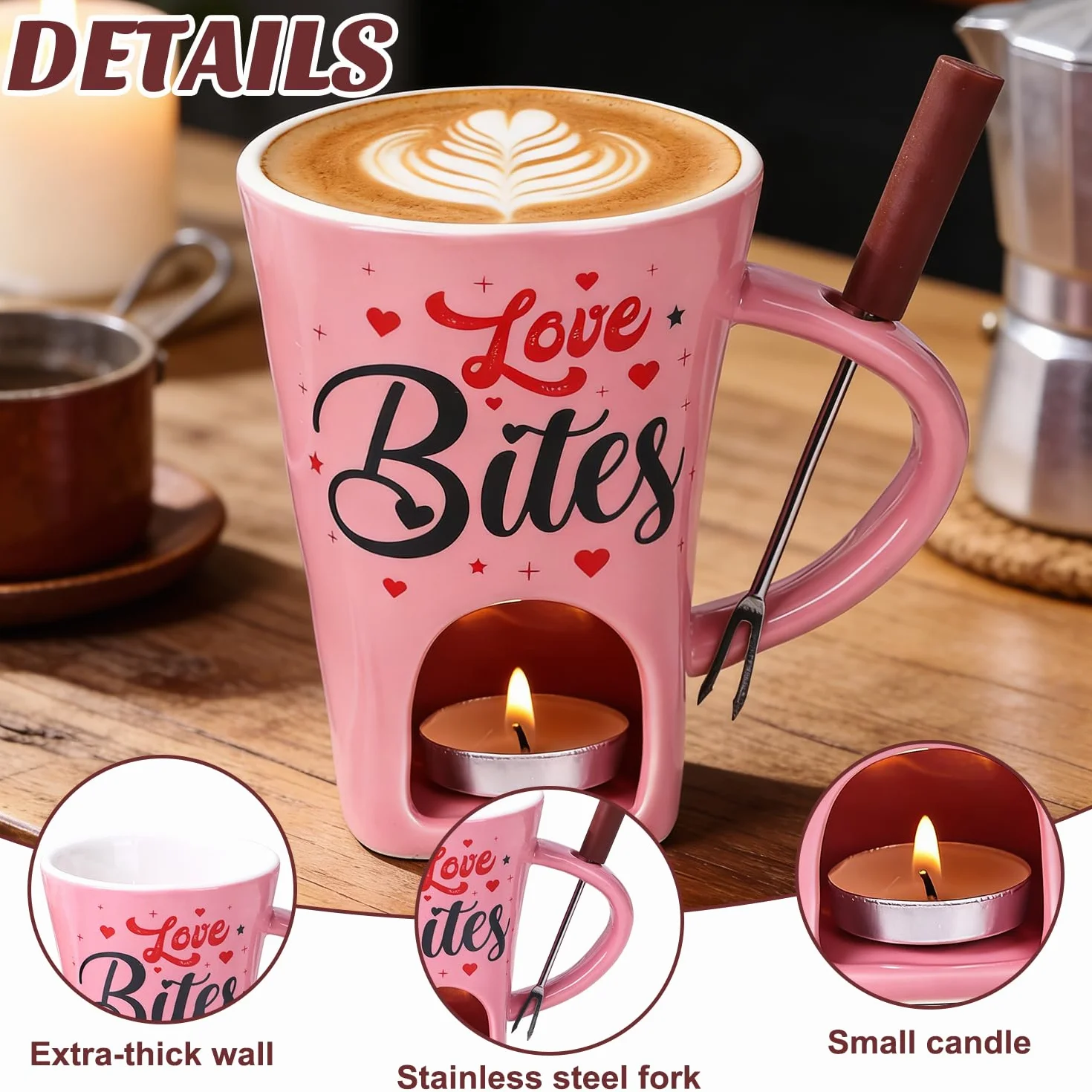 Juego de Fondue de Chocolate de Cerámica 200ML con Tenedor y Vela de Té