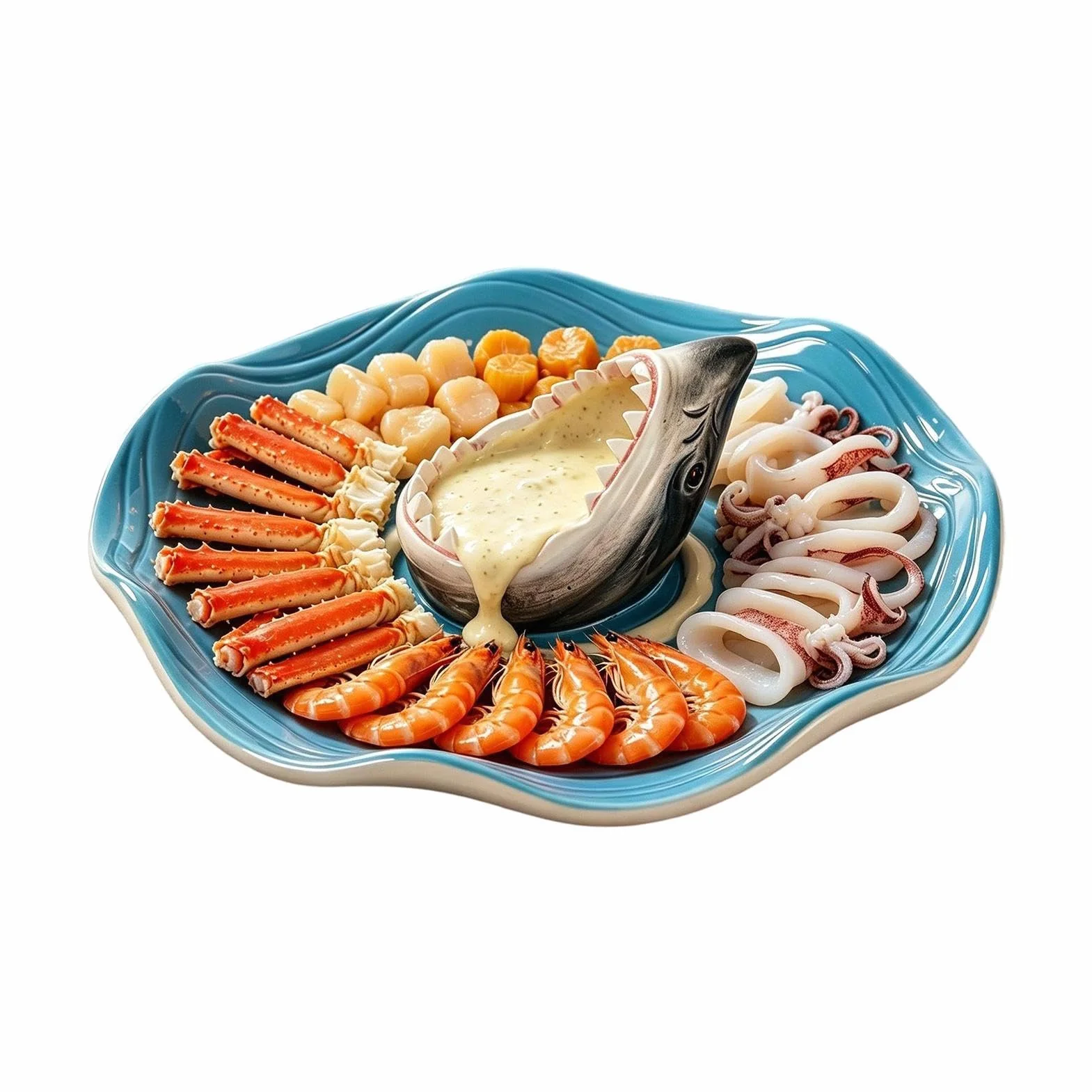 Fuente de Tiburón para Servir Plato de Cerámica Pintado a Mano para | Plato temático océanos para Charcutería, Pescado, Mariscos, Gambas, Salsa, Taco, Pulpo,