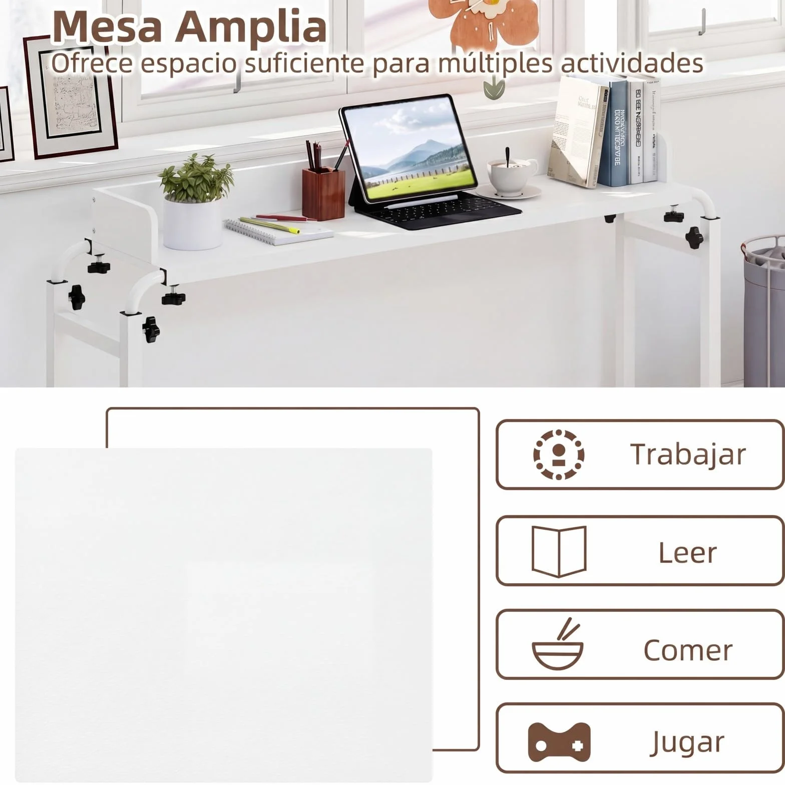 COSTWAY Mesa de Sobrecama con Ruedas, Altura y Longitud Ajustables, Escritorio Queen, Marco Metálico, Mesa para Cama, Dormitorio,135,5-206 x 40 x 73,5-102,5 cm (Blanco)