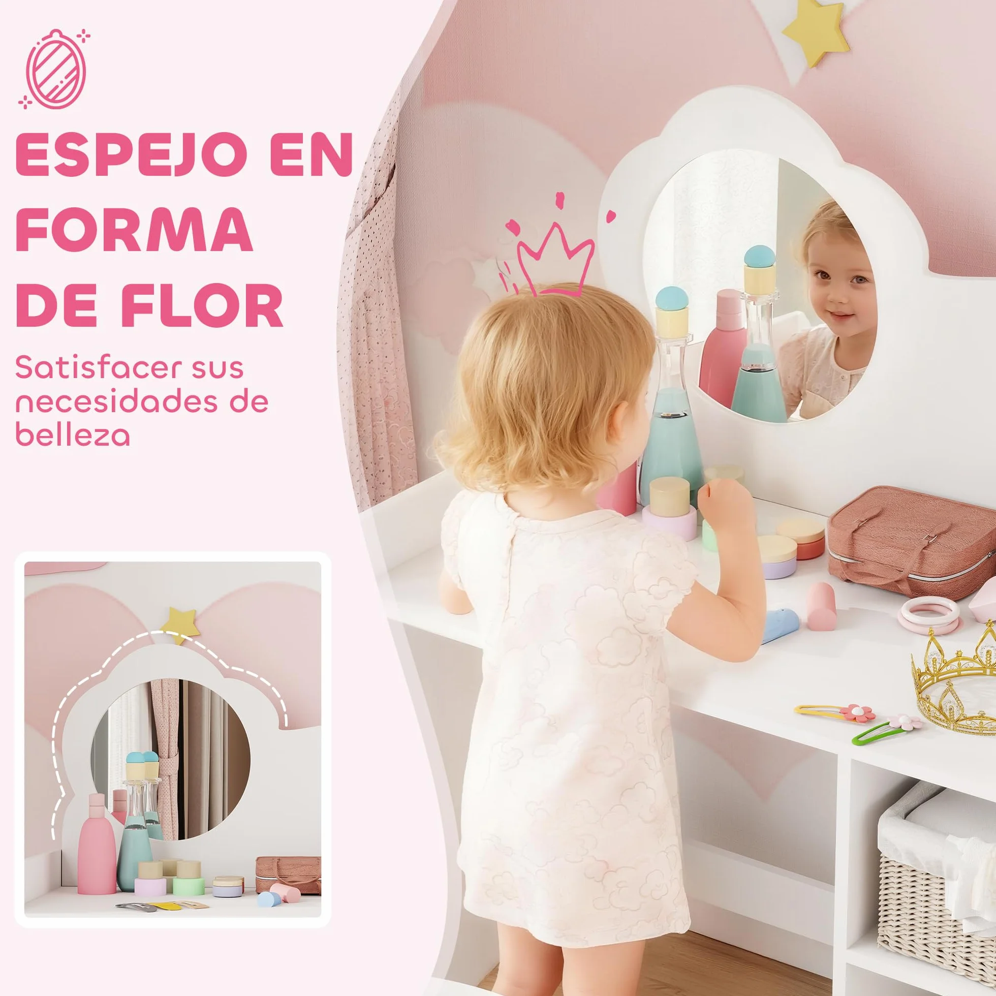 AIYAPLAY Tocador de Maquillaje Niña 2 en 1 Escritorio con Taburete Espejo Flor Estantes Abiertos Blanco