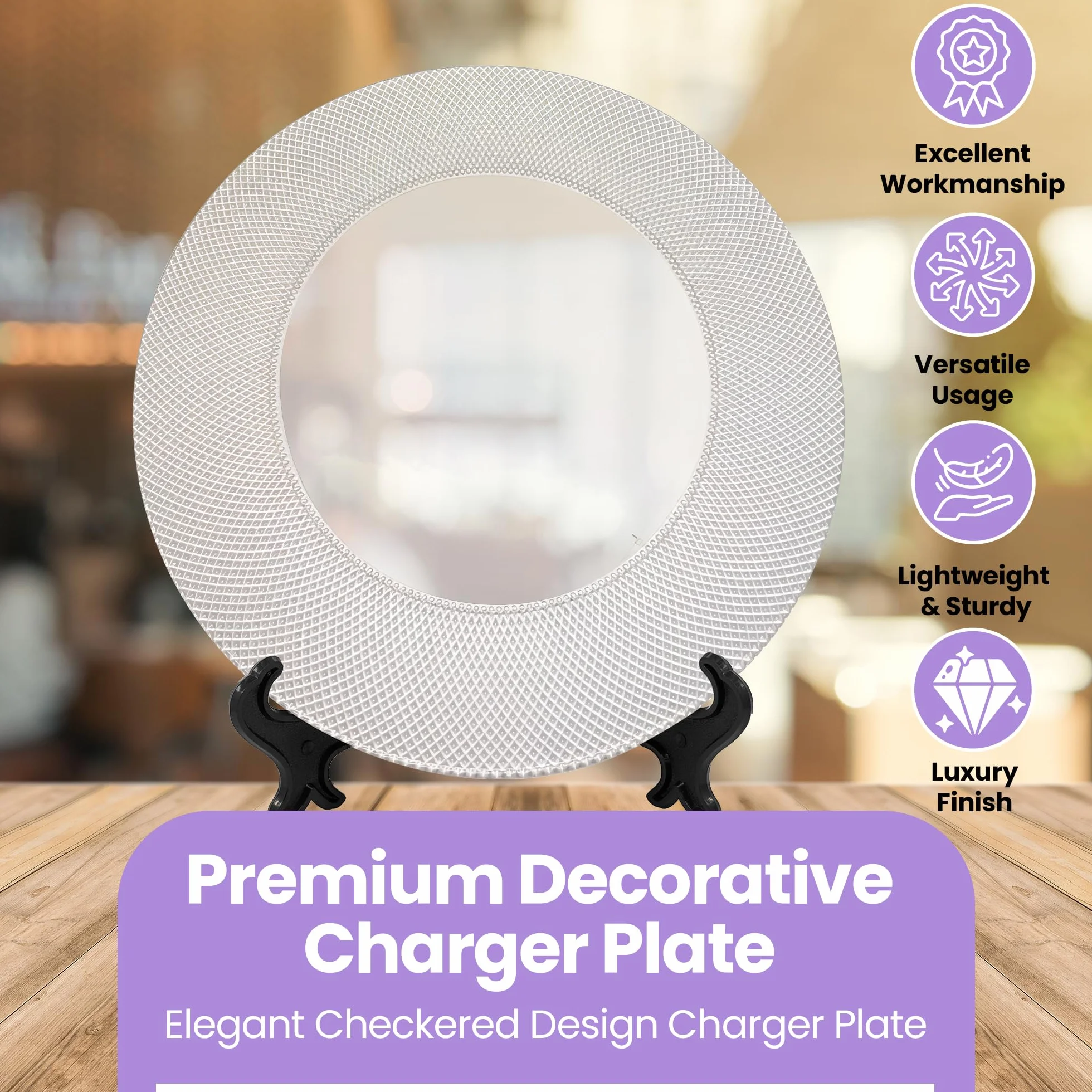 Elegante plato de carga de vidrio a cuadros plateado de 33 cm, placa inferior redonda ideal para bodas, fiestas, aniversarios, fiestas de cumpleaños, vajilla y eventos de catering, 6 unidades
