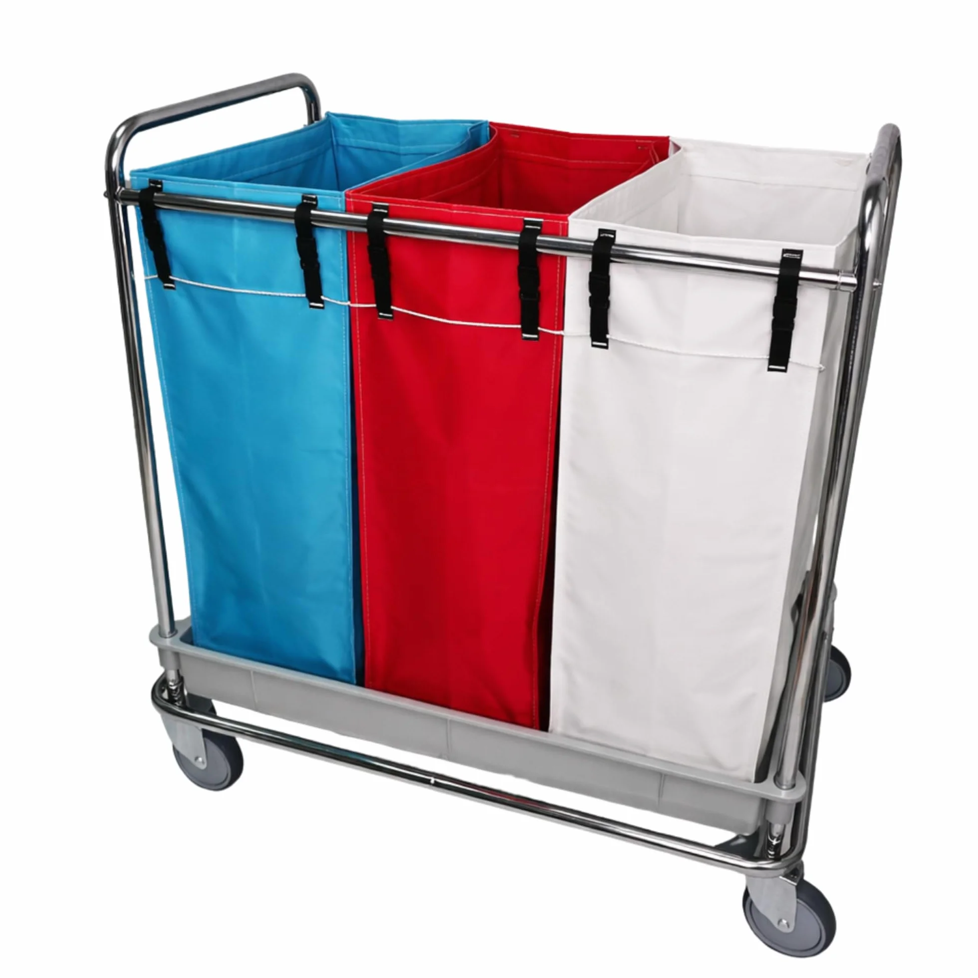 Carro de Lavandería Profesional Cromado con 3 Bolsas Plastificadas (80L) - Clasificador de Ropa Sucia con Ruedas 125mm y Base de Polipropileno - Ideal Hoteles y Residencias (95x65x104 cm)