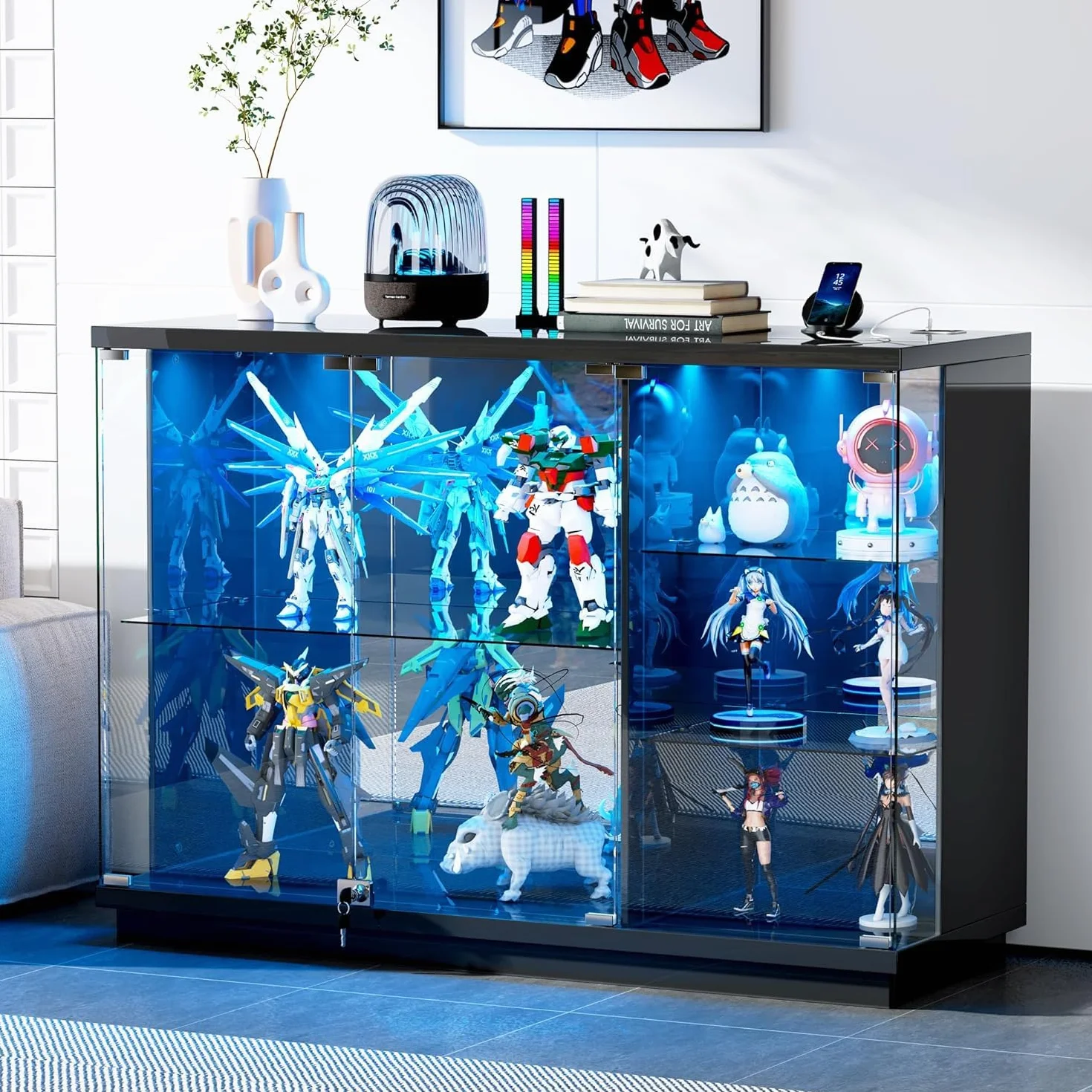 Guerxl Vitrina con Iluminación LED Y Función de Carga para Salón,120 CM Largo Vitrinas de Crista con Sensores Inteligentes Y Estantes de Vidrio Extraíbles para Oficina Personal,Coleccionables,Negro