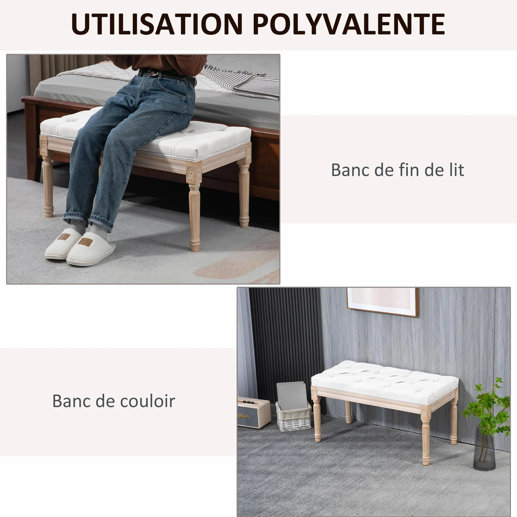 HOMCOM - Banco de asiento acolchado estilo vintage francés acolchado grueso revestimiento, tejido de aspecto lino, patas de madera maciza, crema