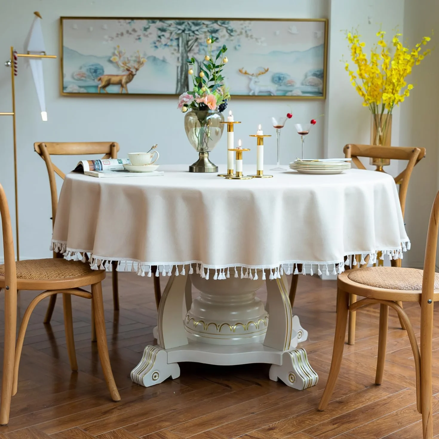 Mantel Redondo de algodón y Lino con Flecos, Beige Diámetro 220 cm, Apto para mesas Redondas de 150-170 cm de diámetro